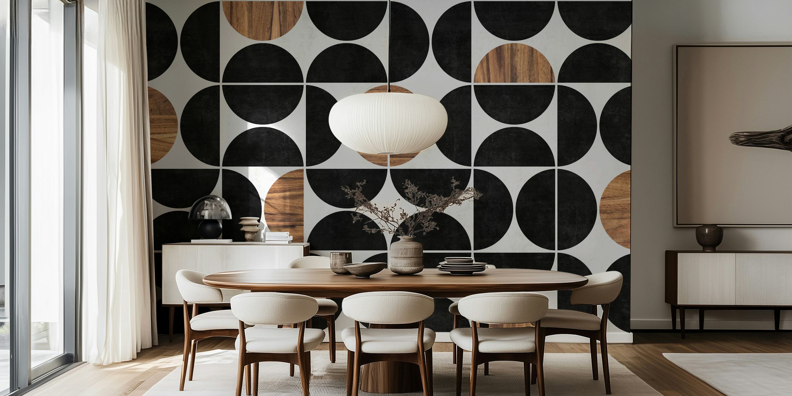 Geometric pattern in black and wood tones on white background wallpaper