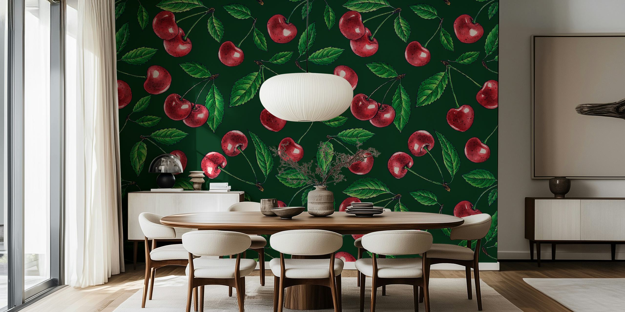 Red cherries wallpaper design vihreällä taustalla