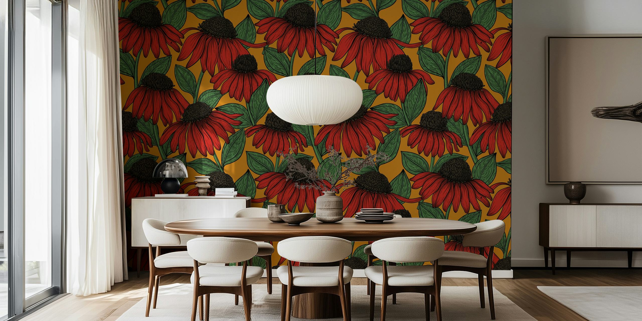 Red coneflowers with green leaves on yellow backdrop wallpaper