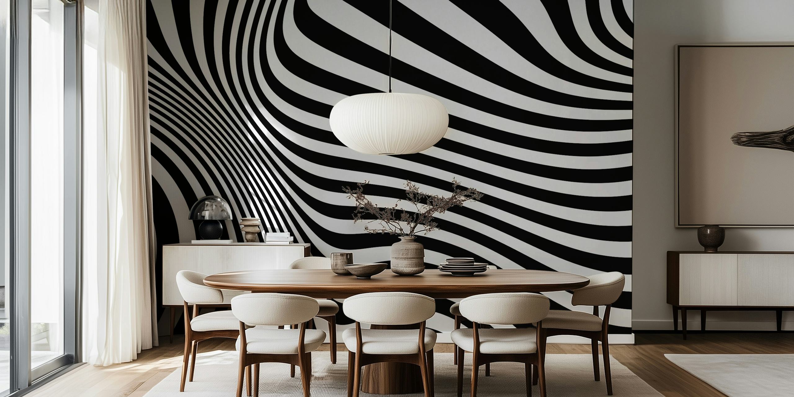 Op Art Retro Black and White wall mural with hypnotic swirling lines