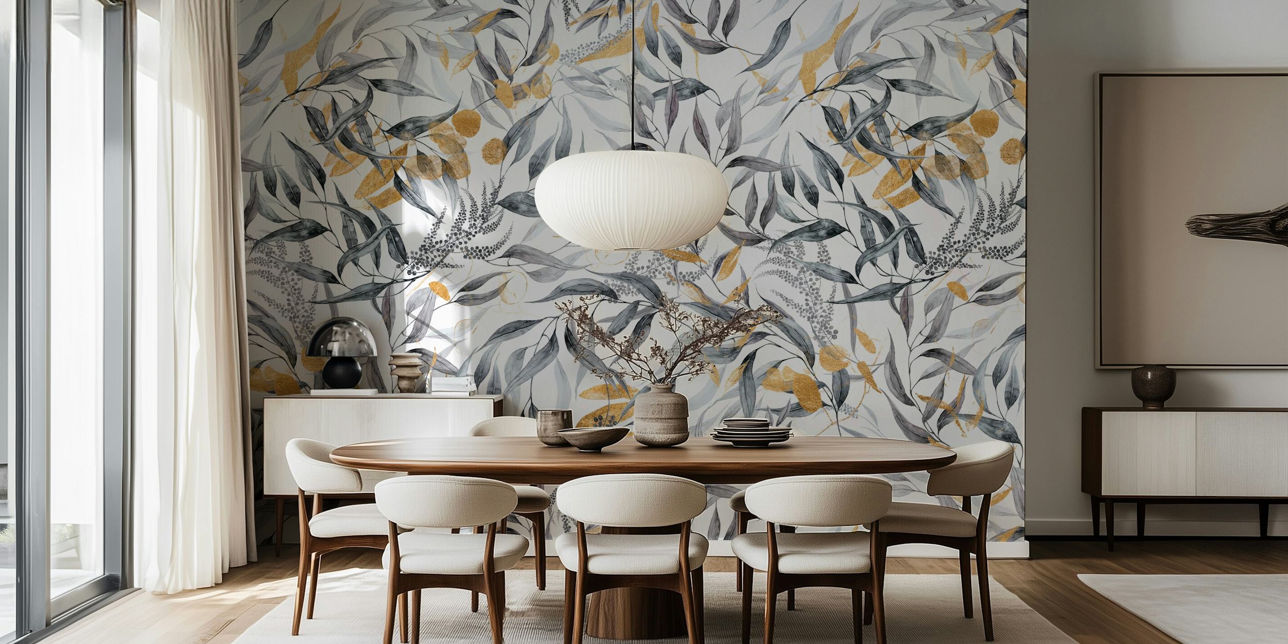 Grey and gold leaves pattern wallpaper in a modern style