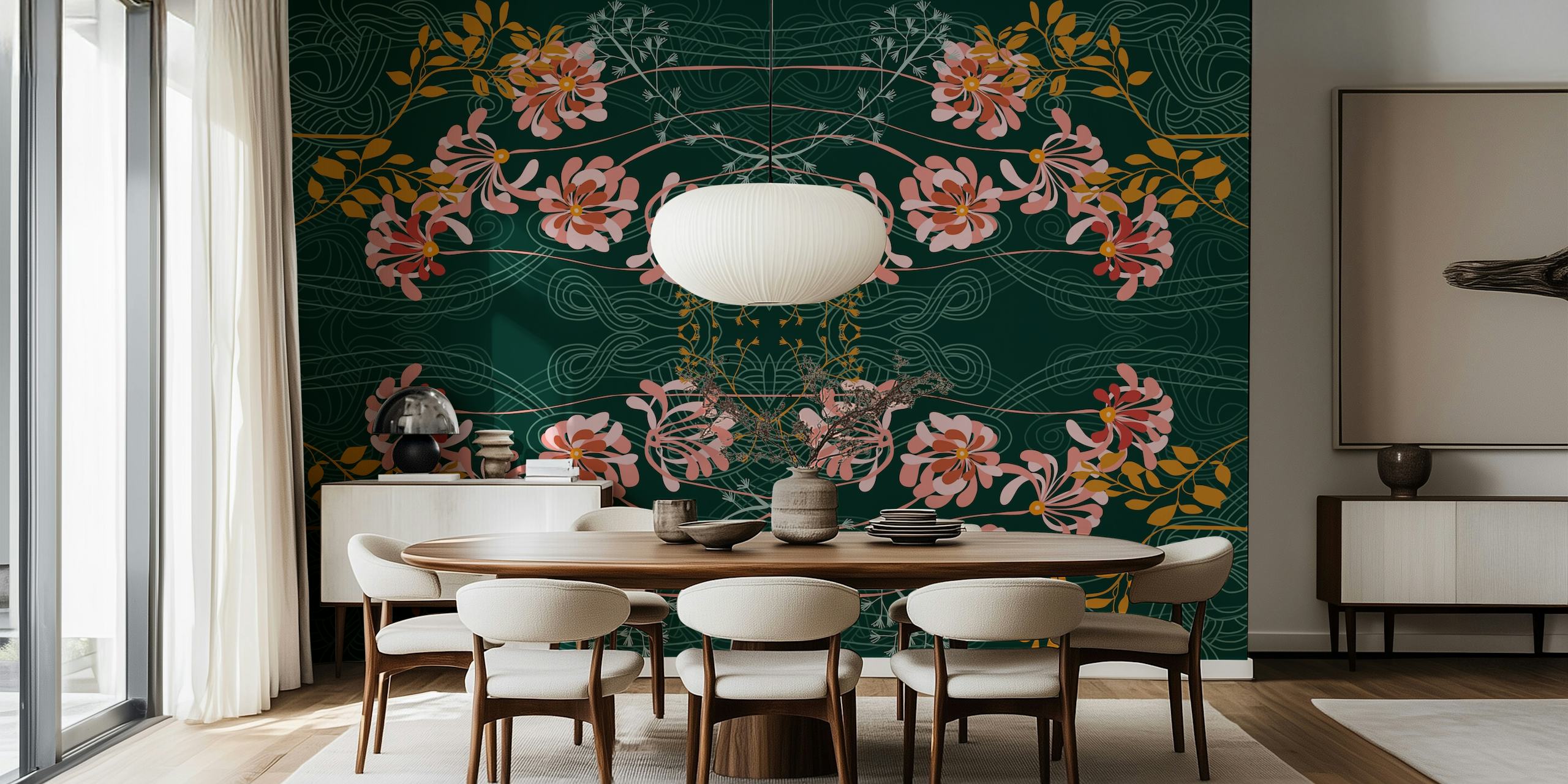 Emerald background with pink floral patterns and decorative swirls wallpaper