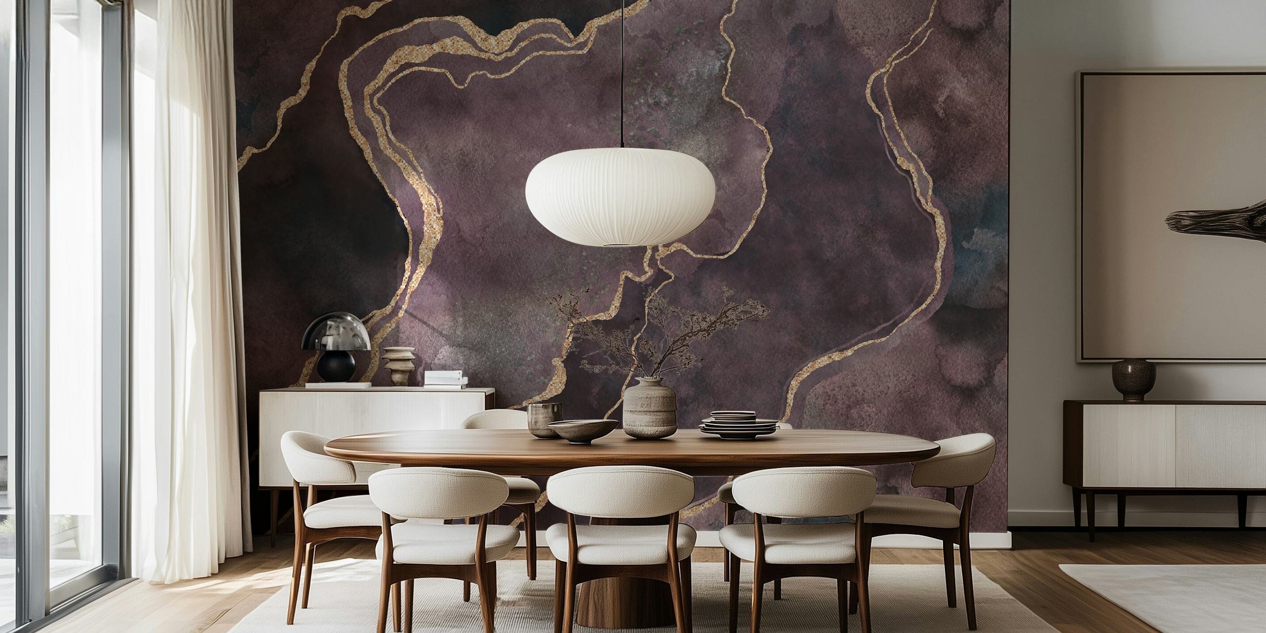 Purple and gold swirl pattern wallpaper design in marble style