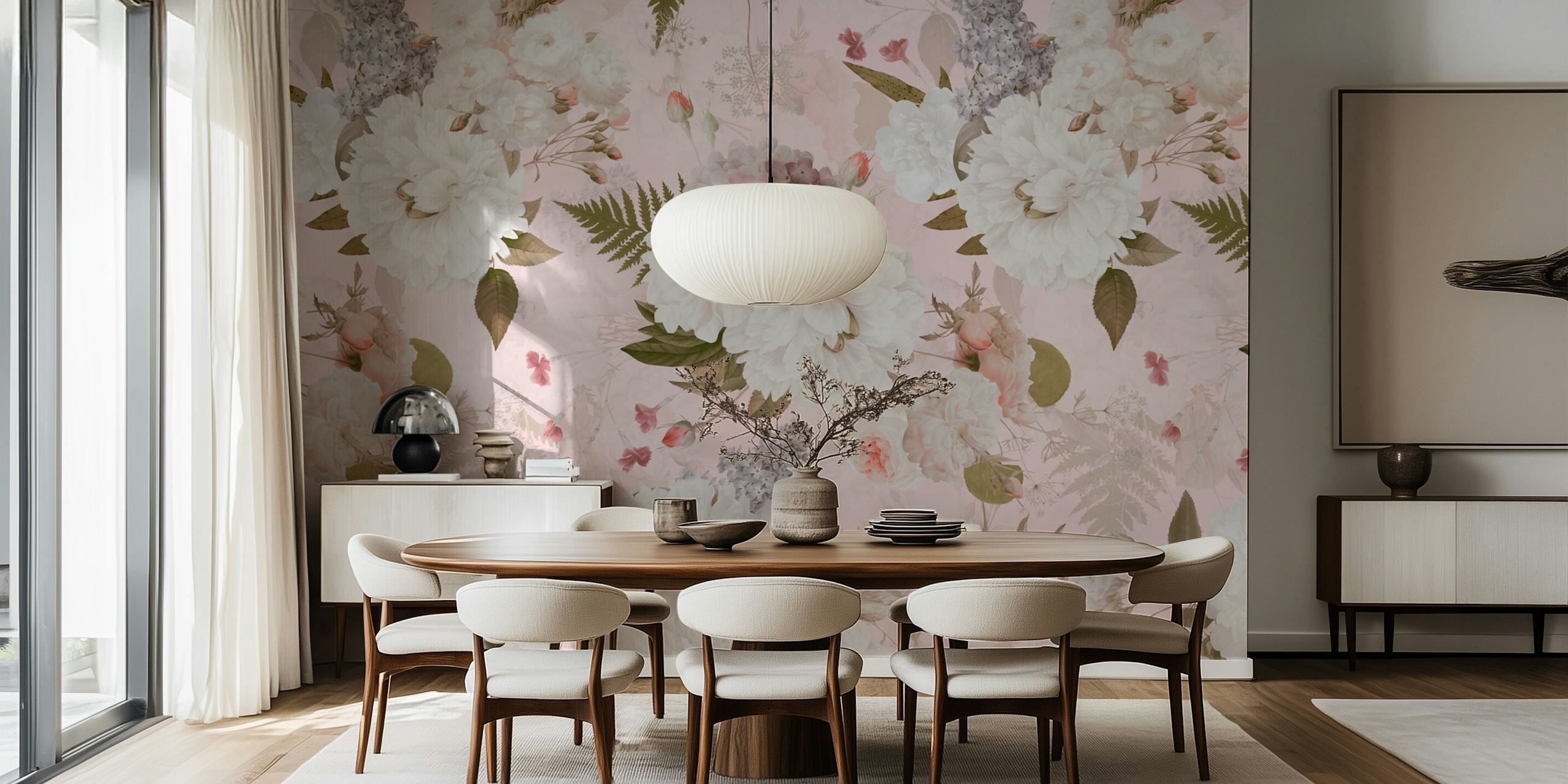 Carta da parati da giardino Blush Vintage Peony con fiori rosa tenui e accenti dorati