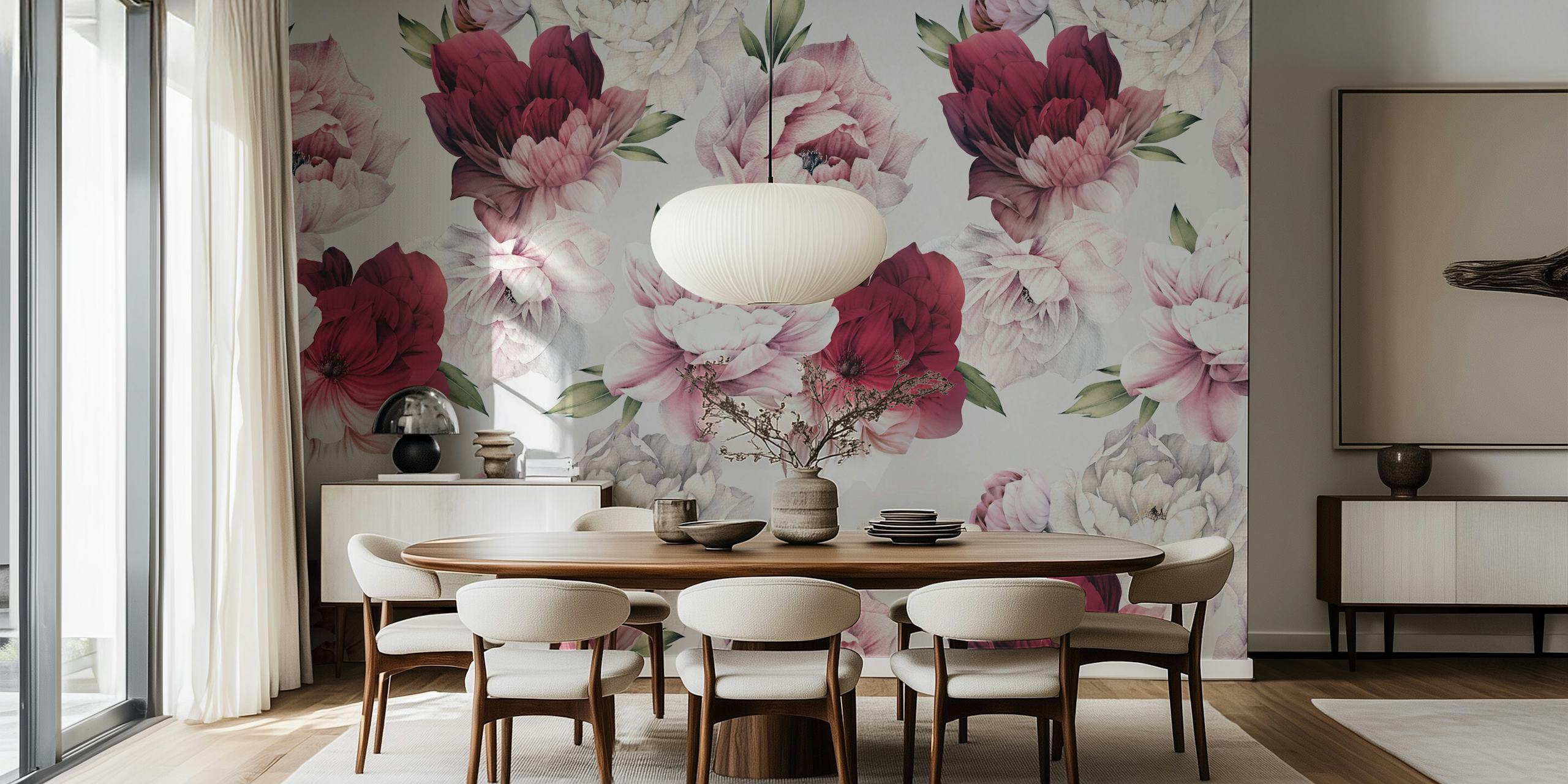 Beautiful peony flowers in pink, white, and burgundy tones wallpaper