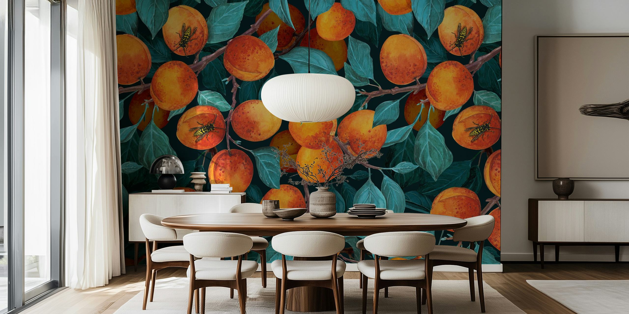 Dojrzałe morele na gałęziach z bujnymi zielonymi liśćmi fototapeta