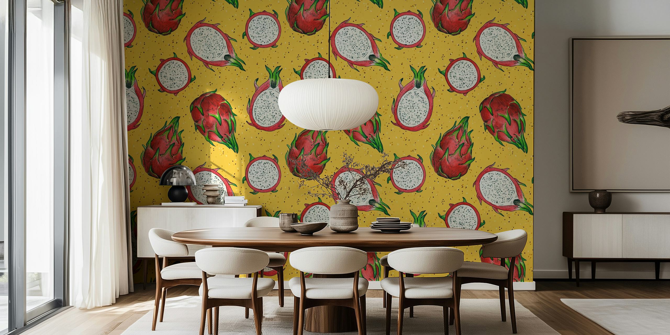Dragon fruit and pitaya pattern on yellow background wallpaper