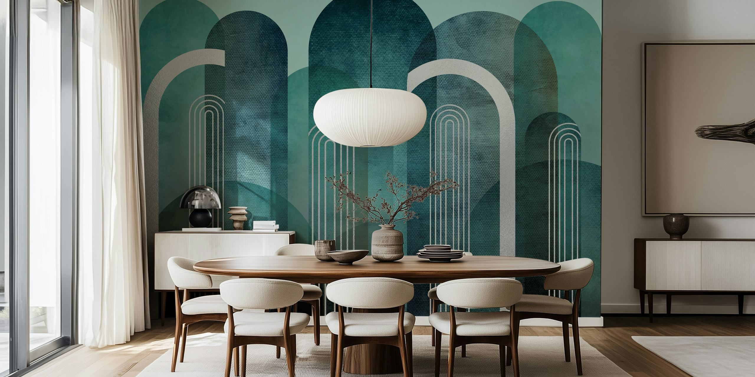 Geometric arch patterns in teal, green, and white wallpaper