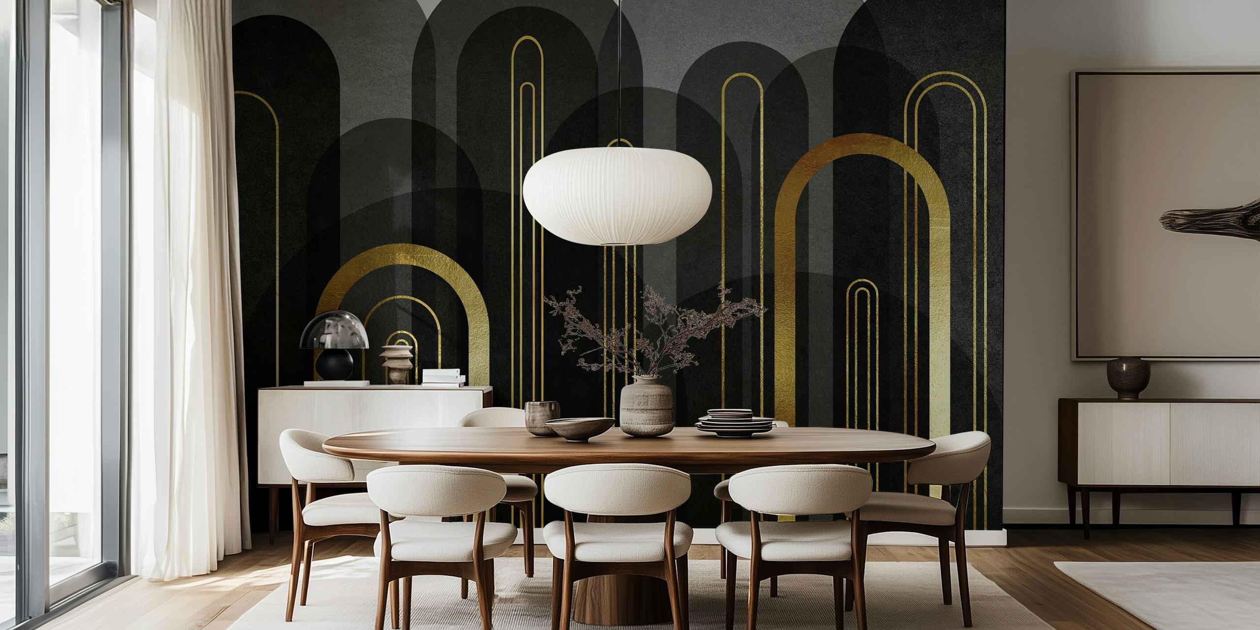 Mural de pared negro y dorado de mediados de siglo con arcos de inspiración art déco