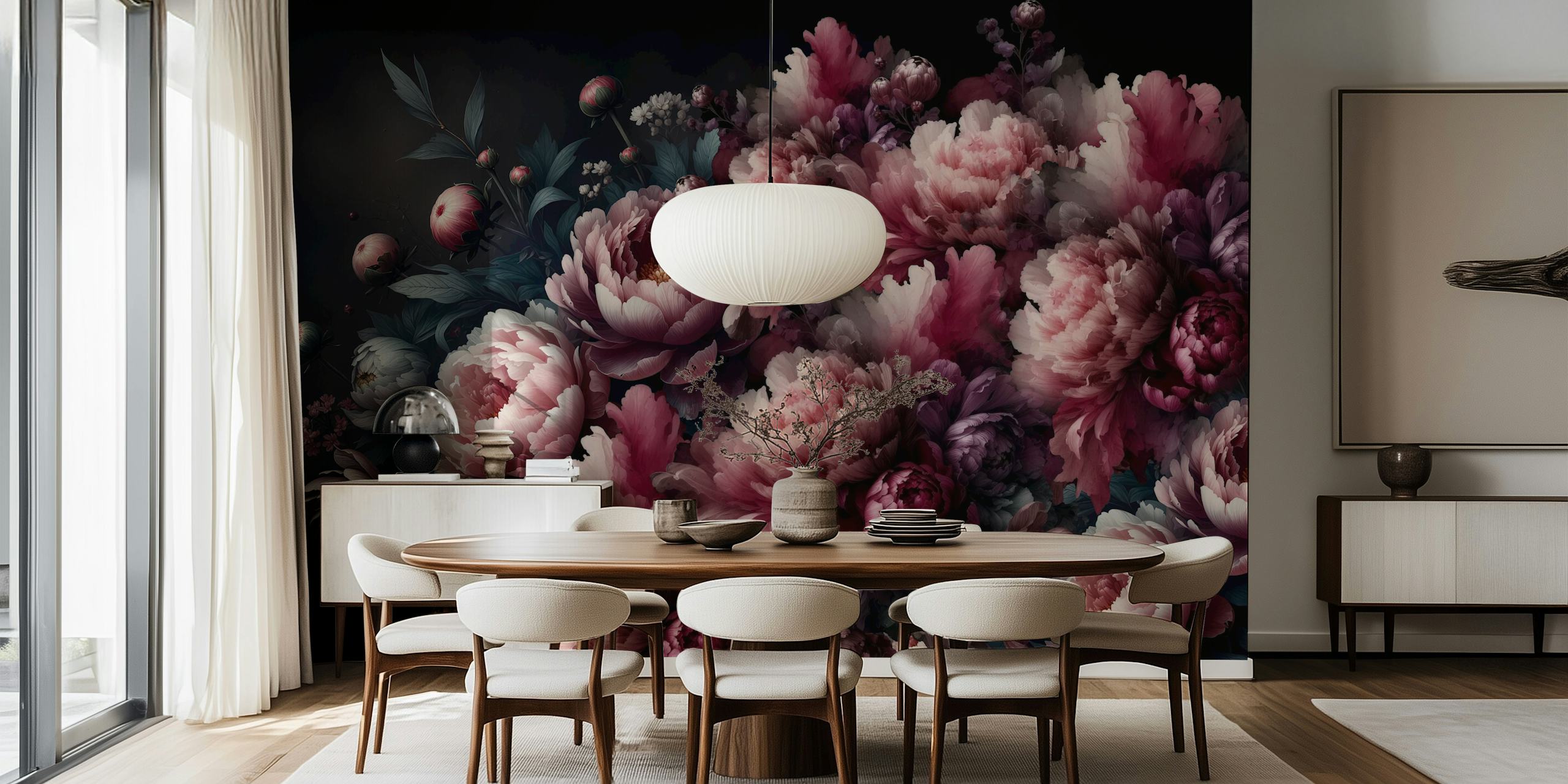 Vintage Peonies Pink Burgundy Tapete in einem Raum