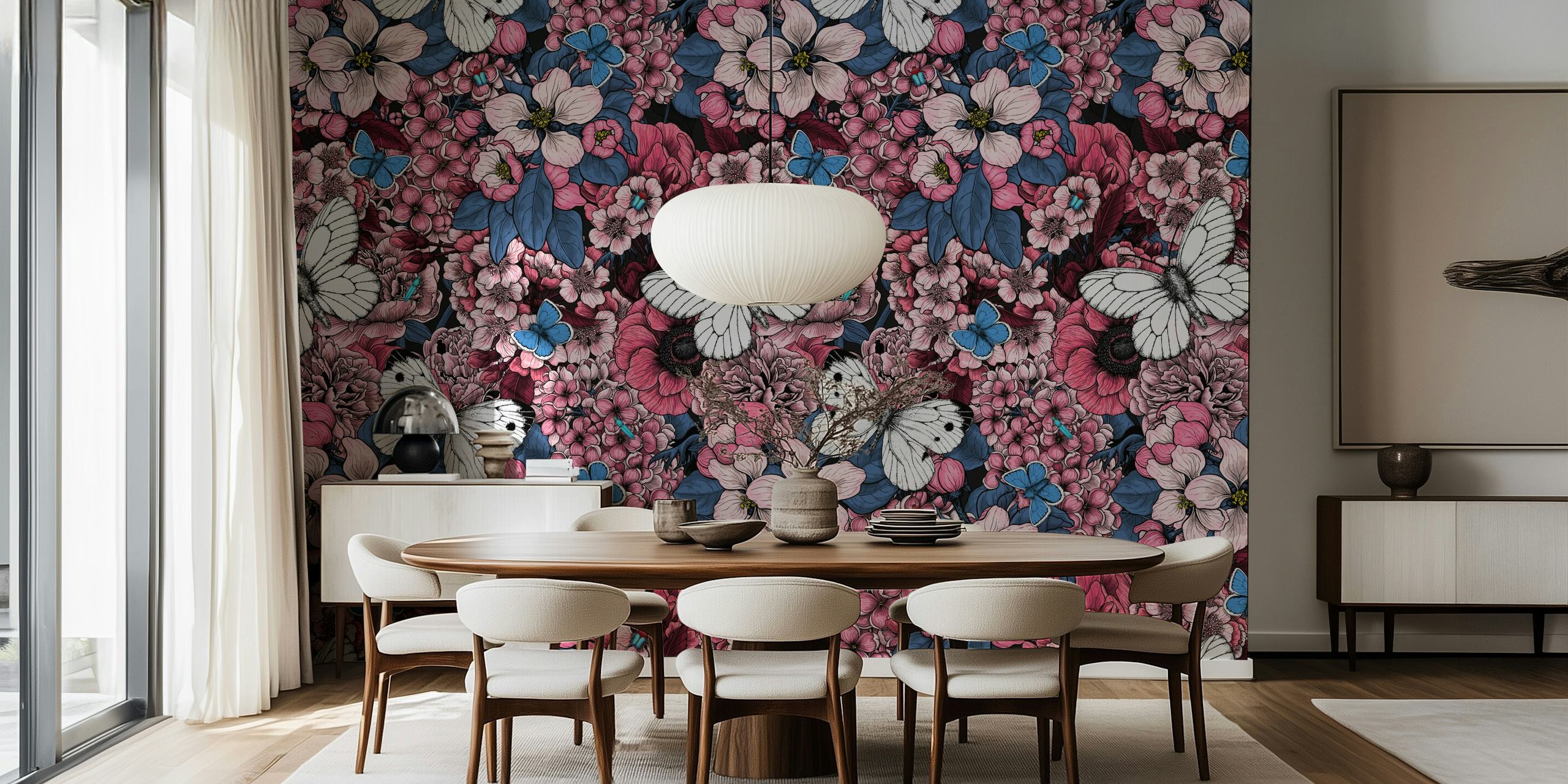 Floral wallpaper with pink and blue flowers and white butterflies