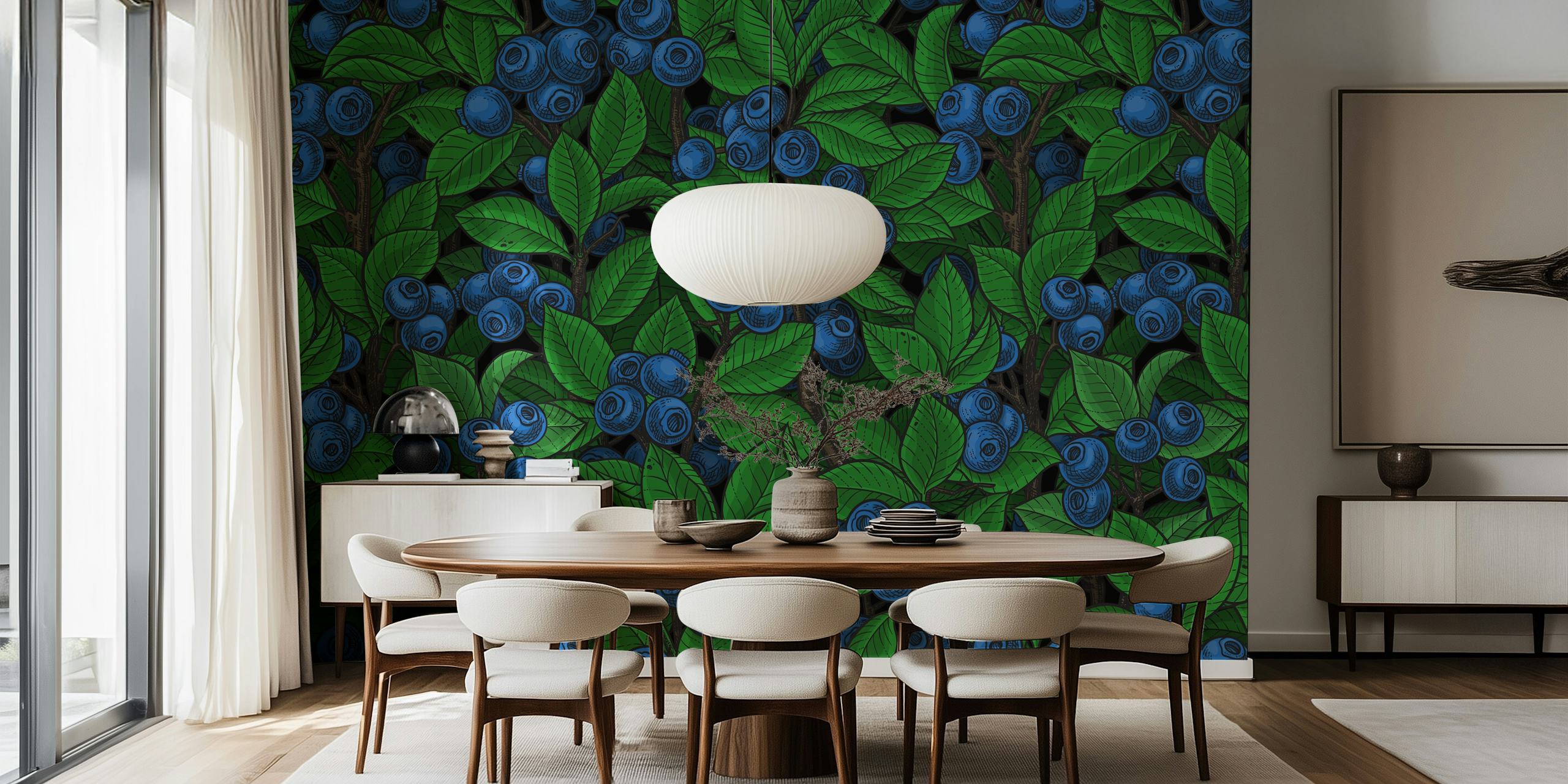 Blueberry garden floral design with green leaves and blue berries wallpaper