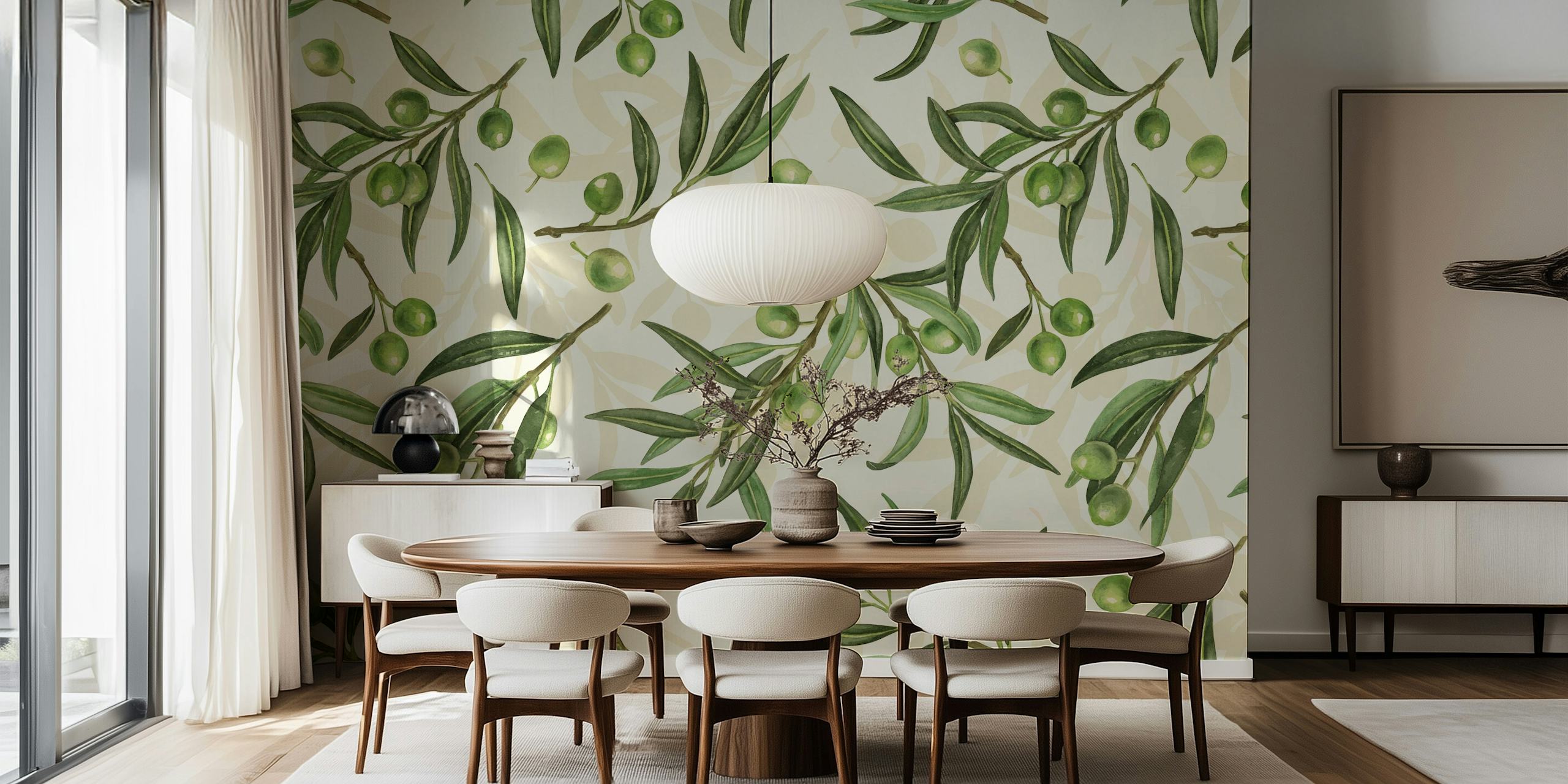 Green olive branches on off-white background wallpaper