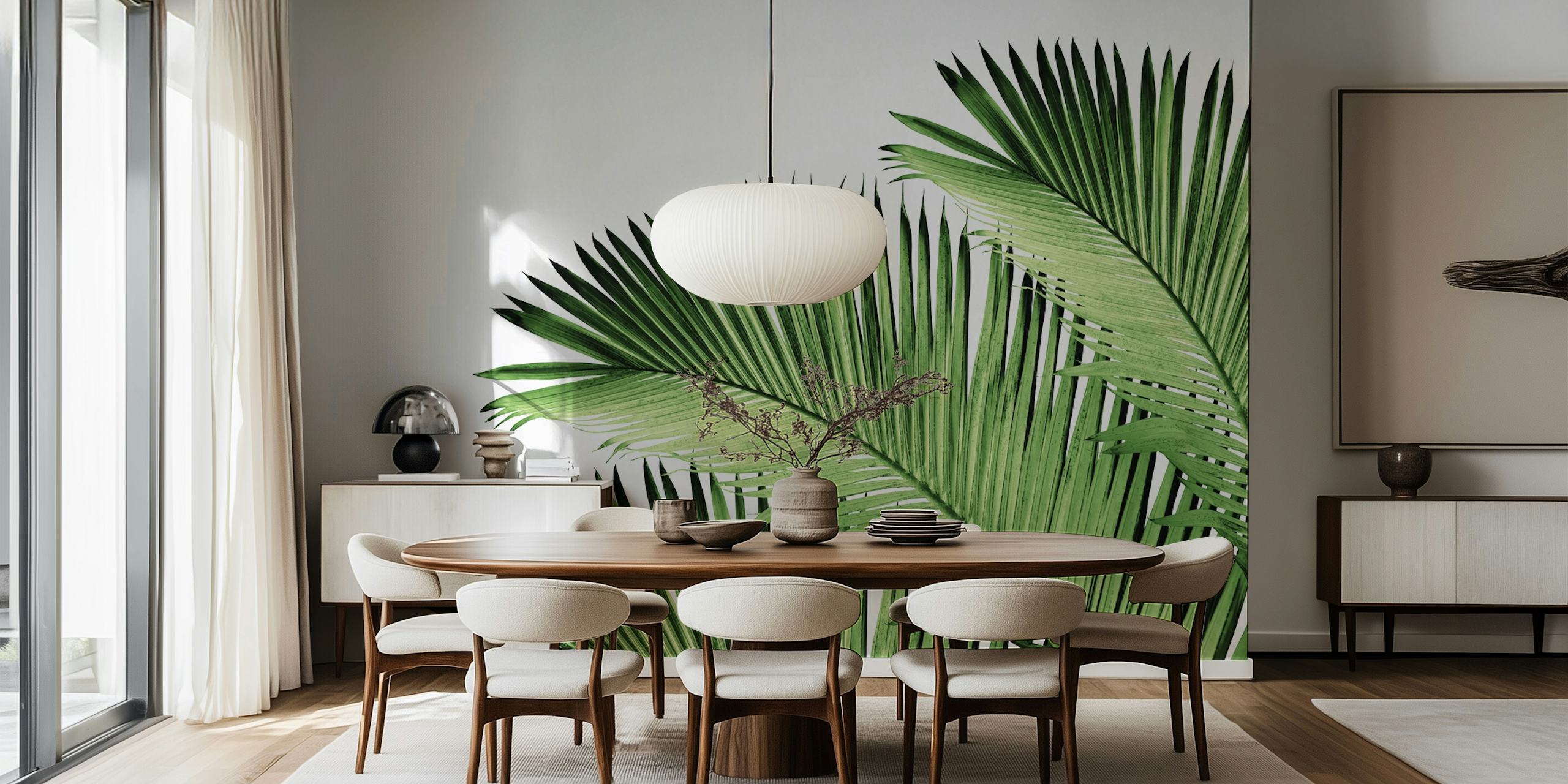 Green tropical palm leaves against a white background wallpaper