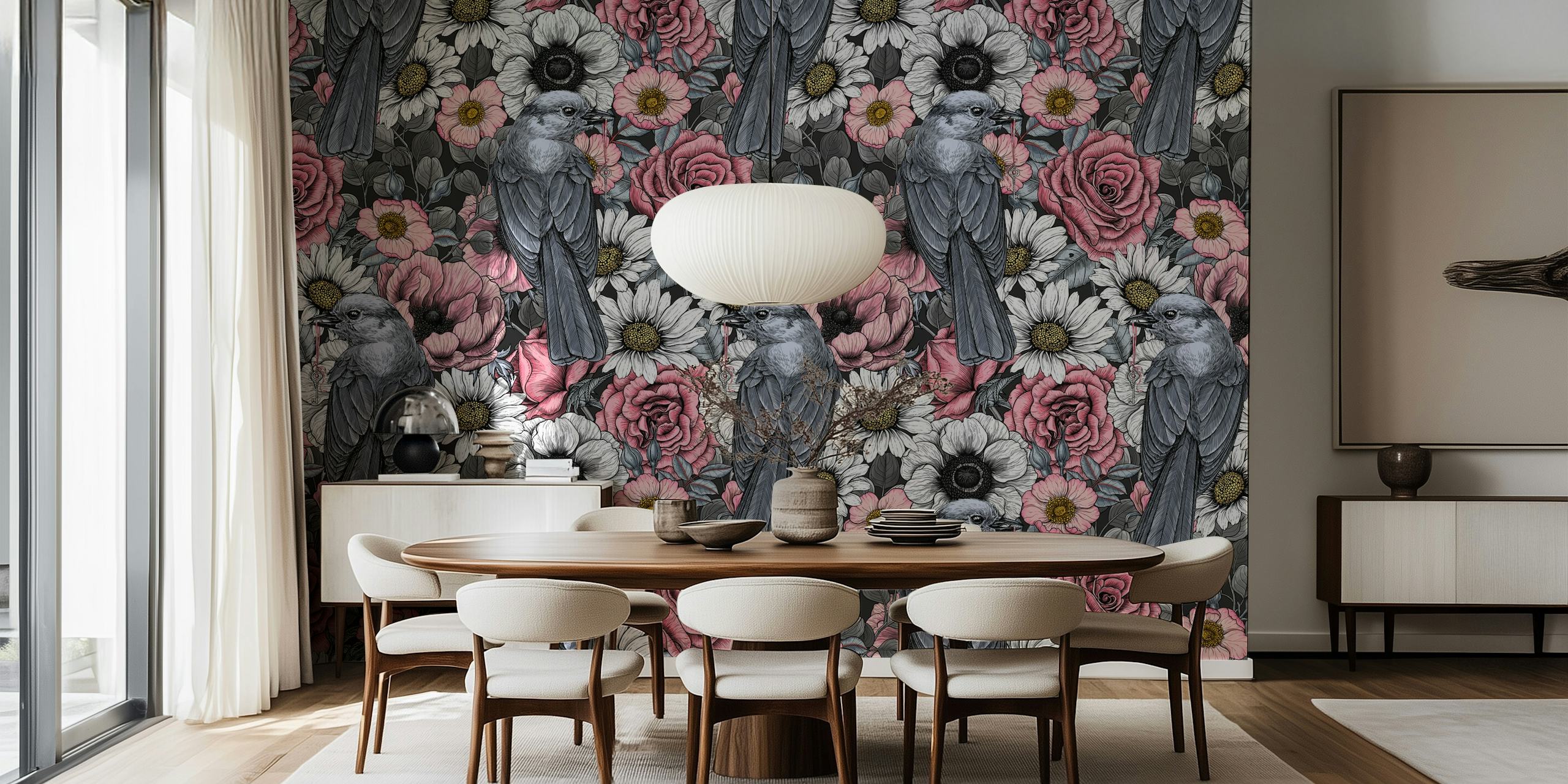 Gray jays and flowers wallpaper in a room
