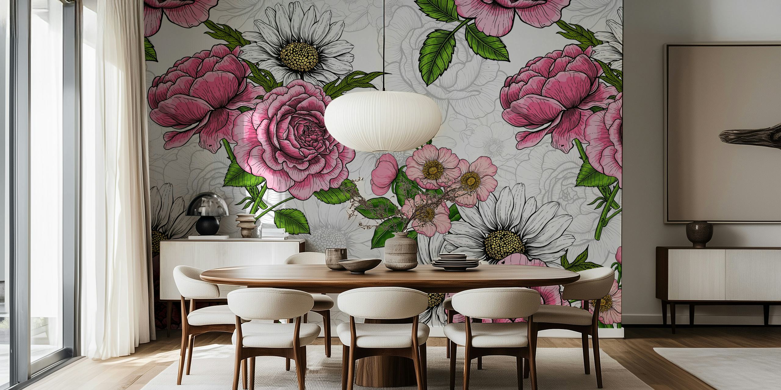 Summer Bouquets 2 wall mural featuring pink roses and daisies on a white background