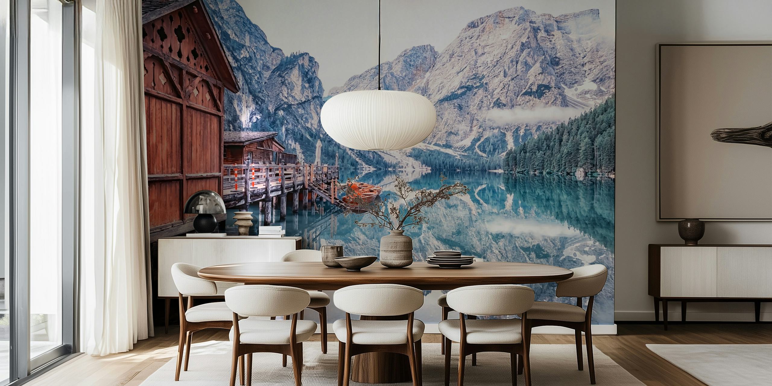 Mountain lake reflection with wooden cabin and boats wallpaper