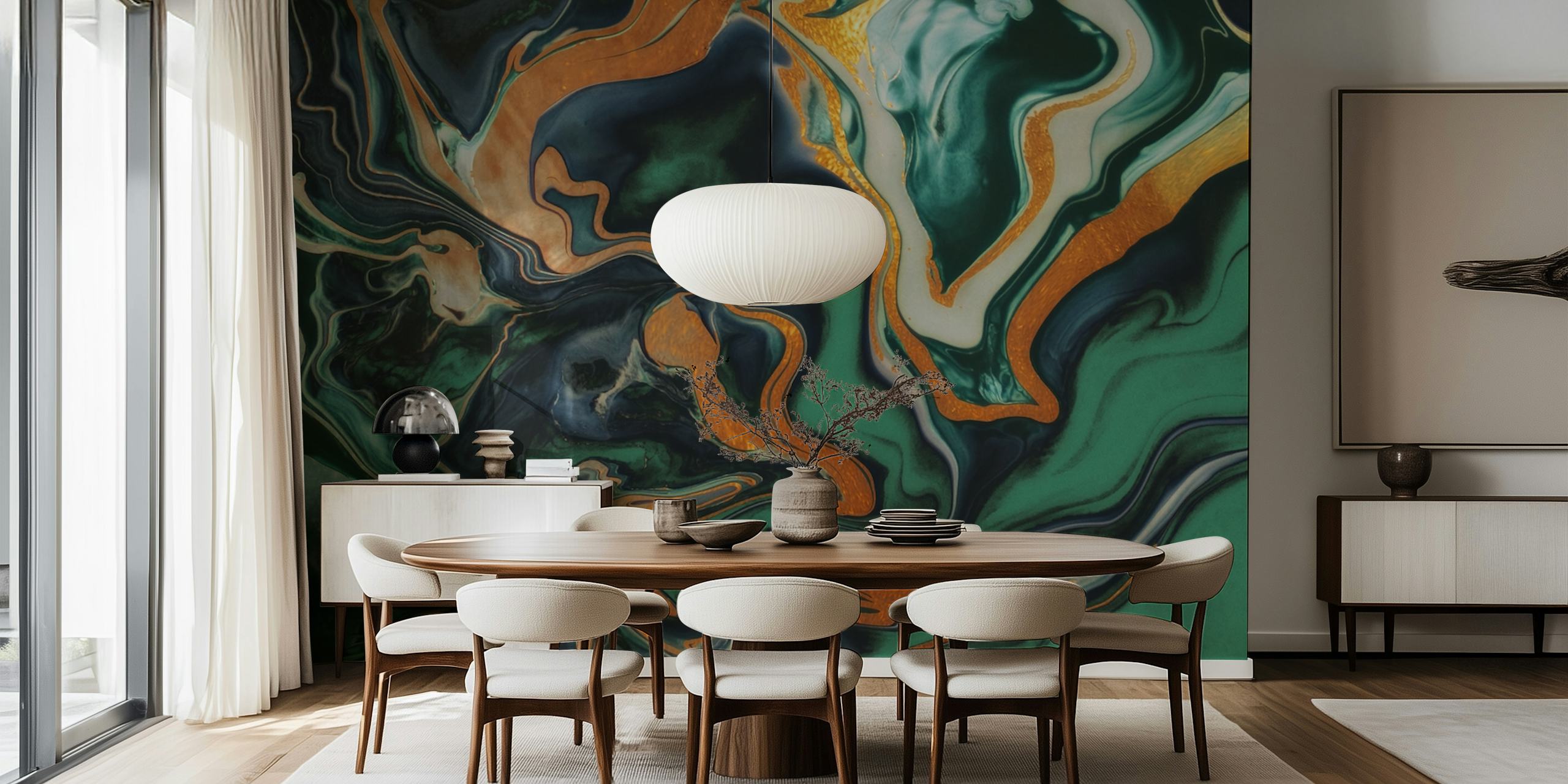 Muurschildering met smaragdgroen en goudmarmeren patroon voor een luxe interieur