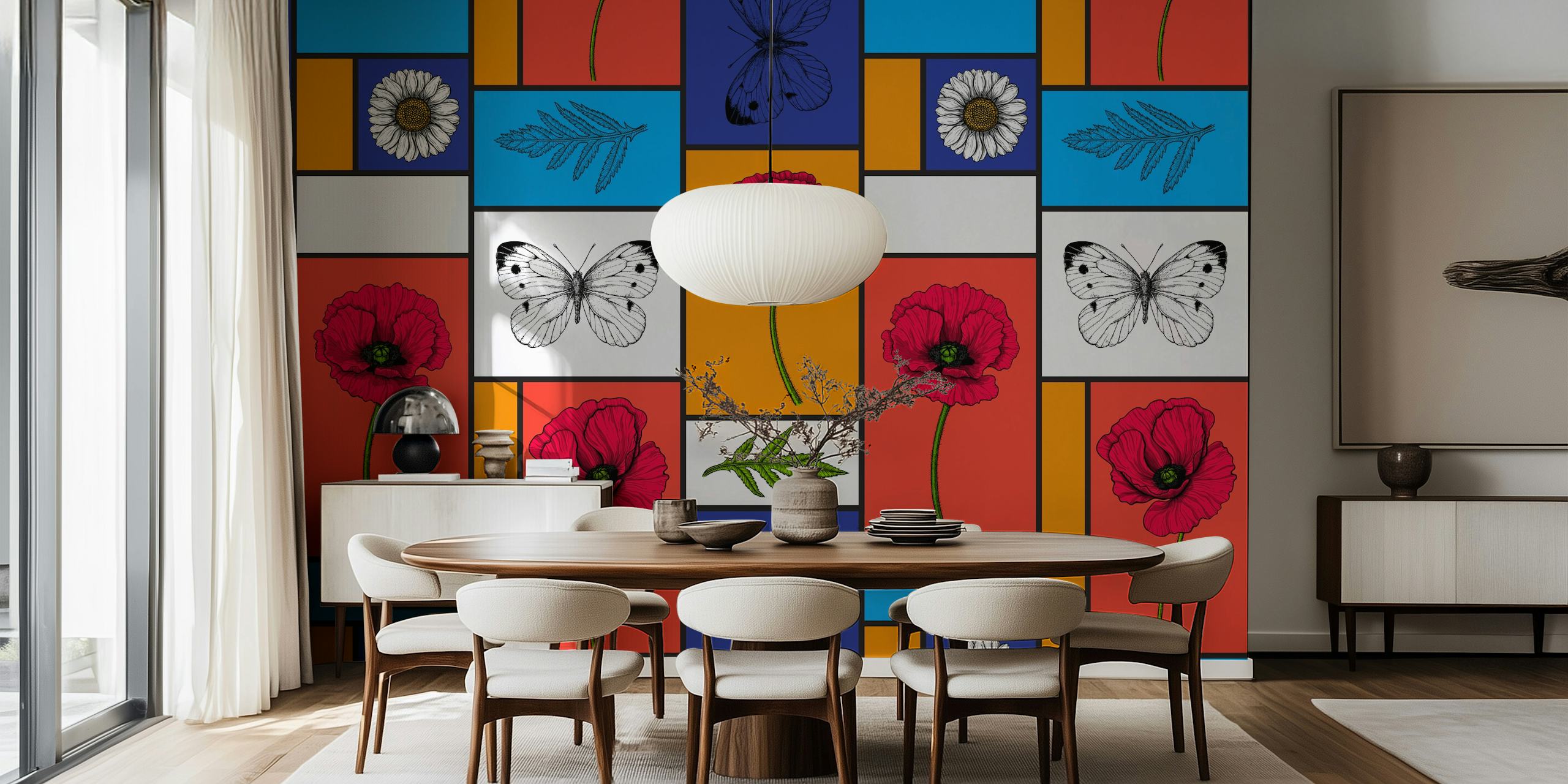Wallpaper featuring poppies in colorful boxes