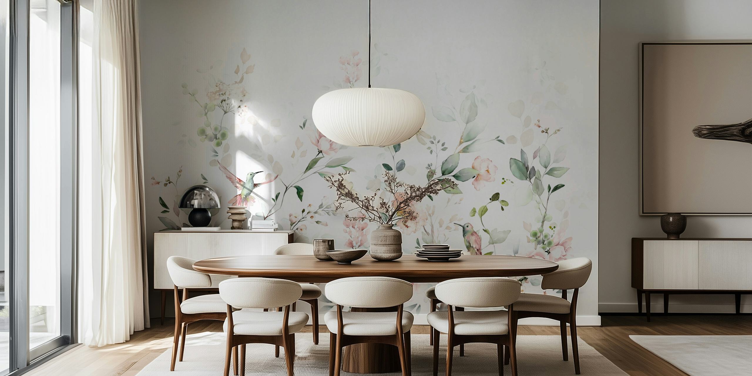 Pink floral wallpaper with leaves and birds in soft hues