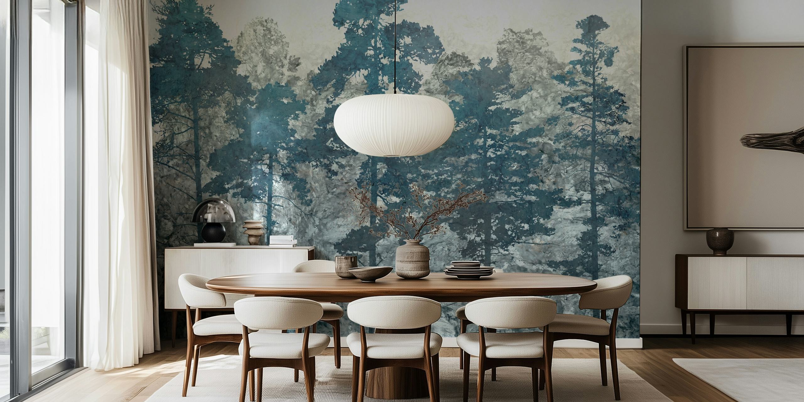 Rappresentazione artistica di una pineta in blu e bianchi astratti