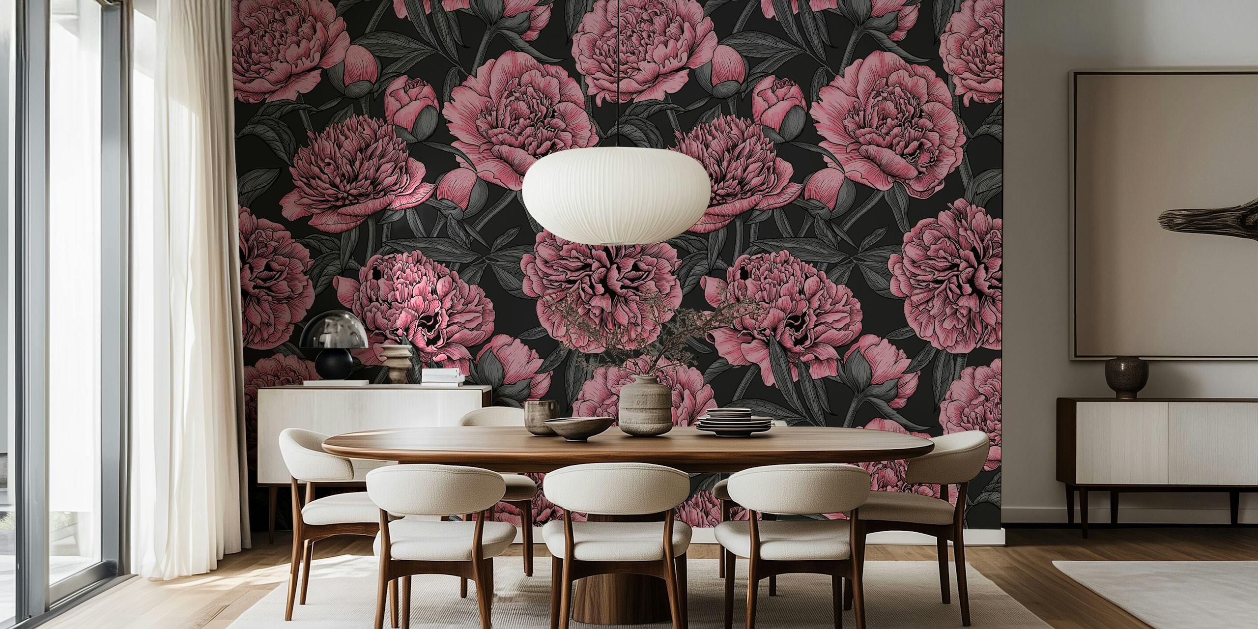 Fotomurais paisagistícos Flores de peônia rosa em fundo escuro