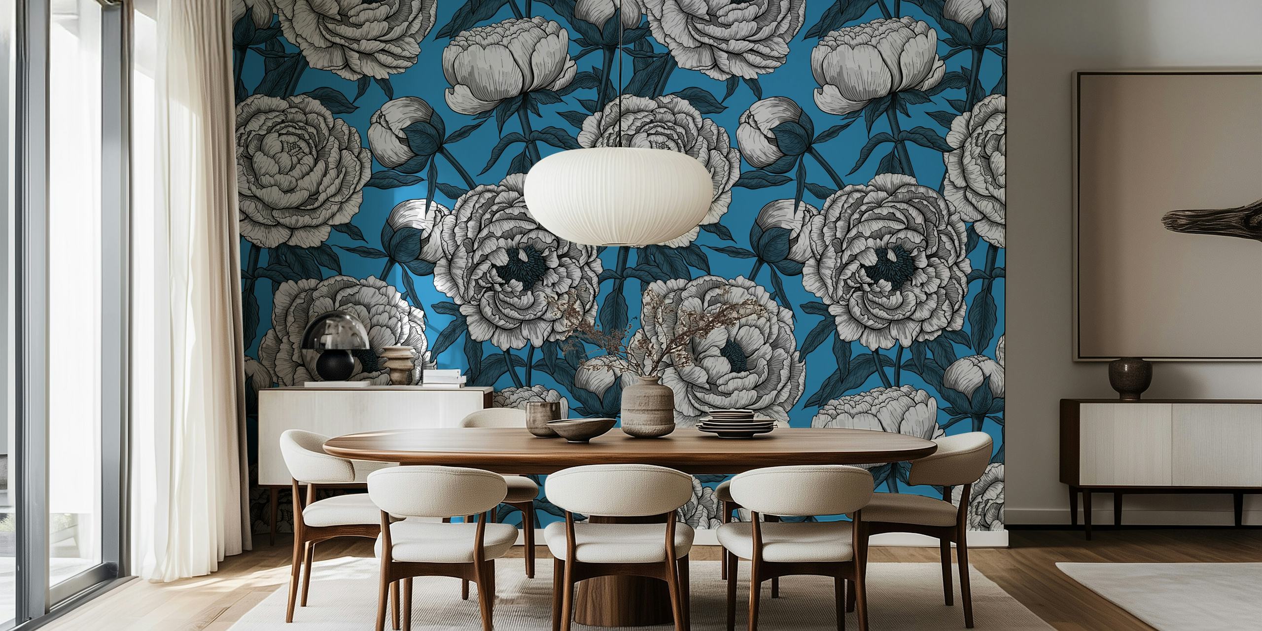 White peony flowers on a blue background wallpaper