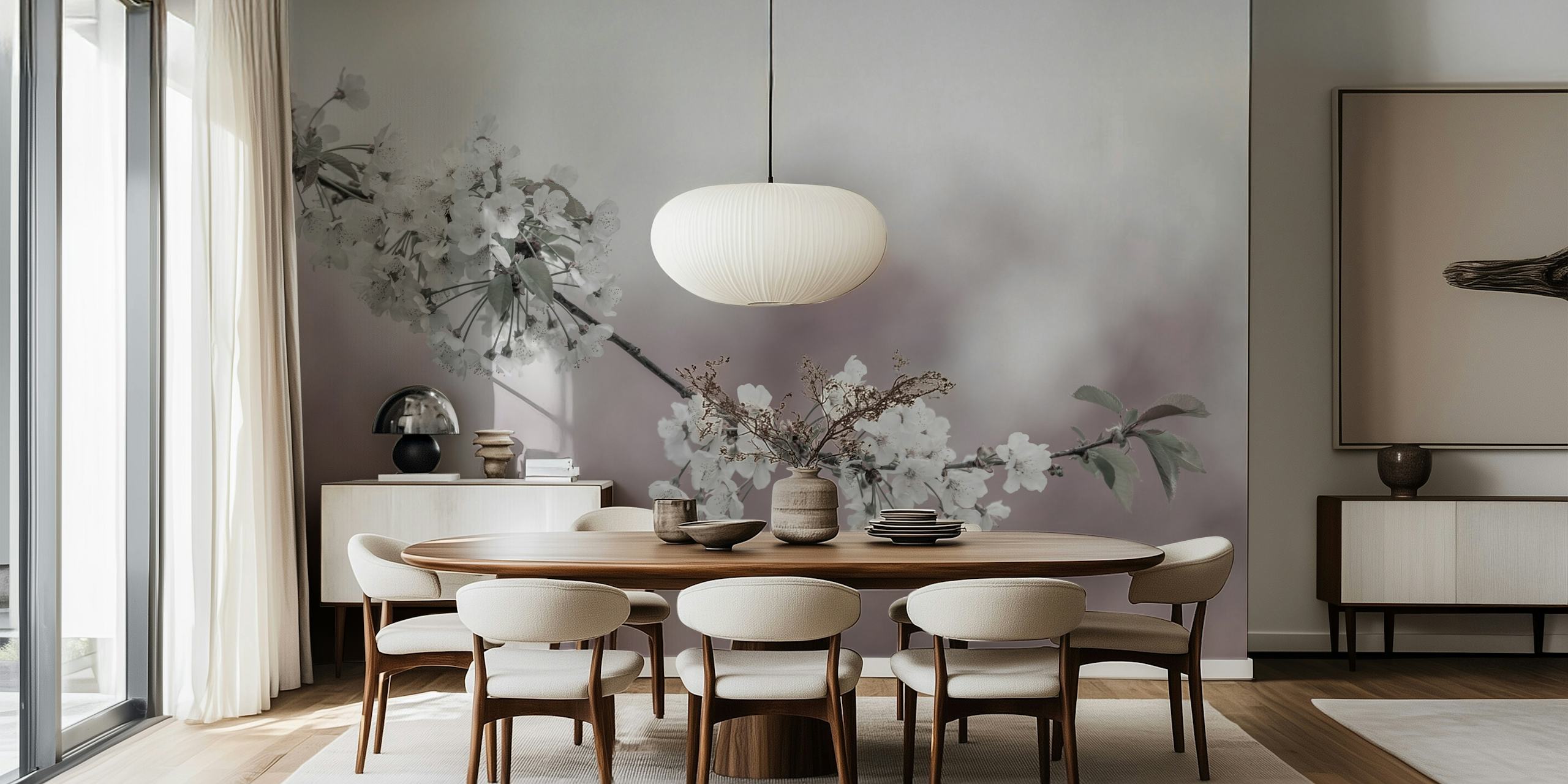 Cherry blossom branch in a soft-focus black and white photography wall mural