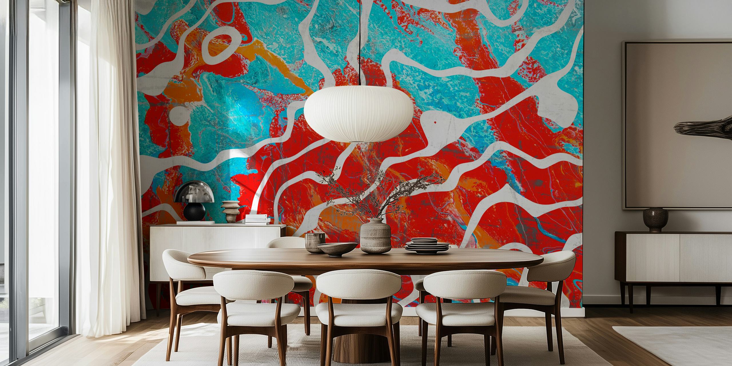 Colorful abstract waves pattern in red, blue, and white wallpaper