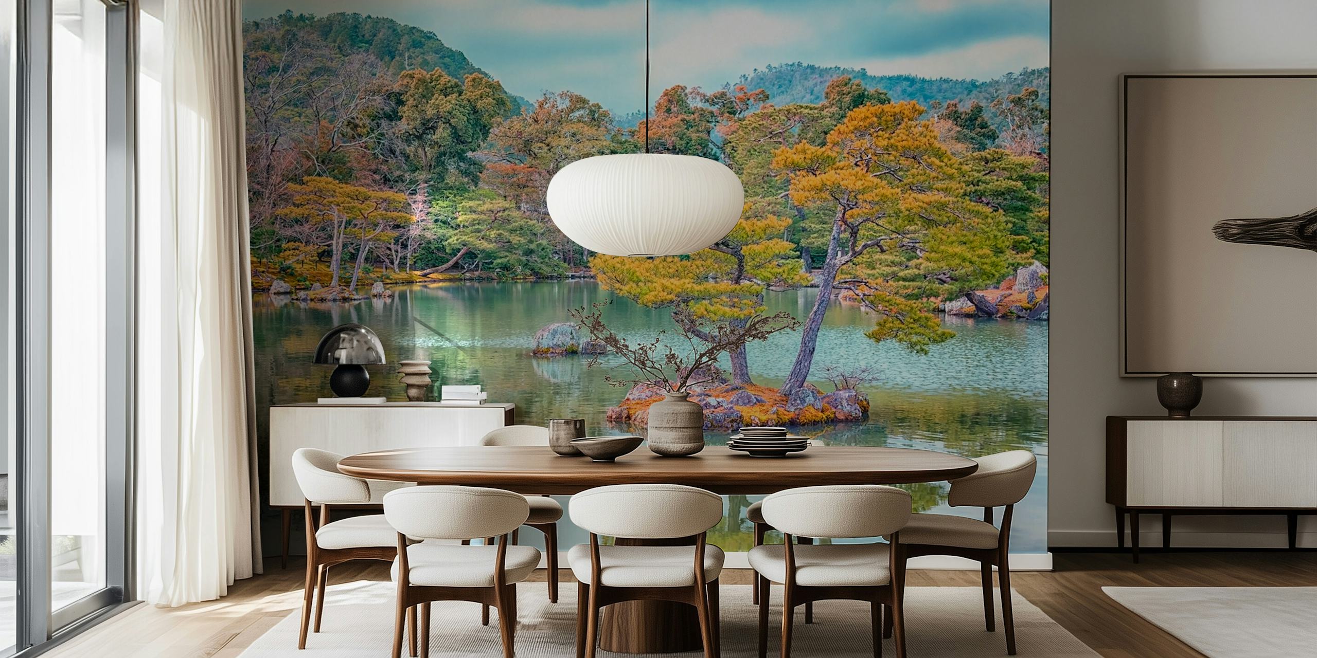 Japanese garden wall mural with autumn trees and pond