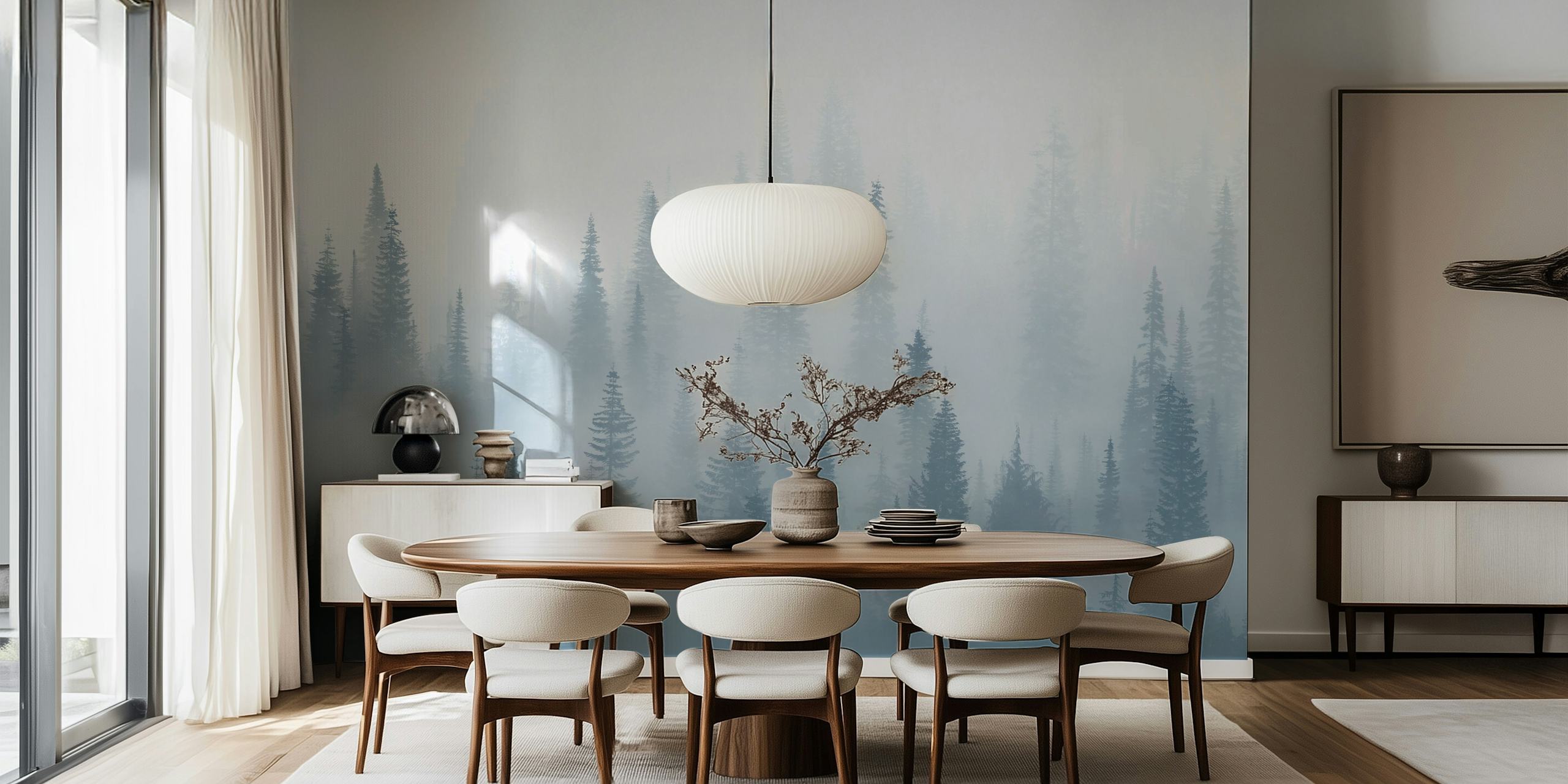 Misty forest landscape with evergreen trees in soft blue hues wallpaper