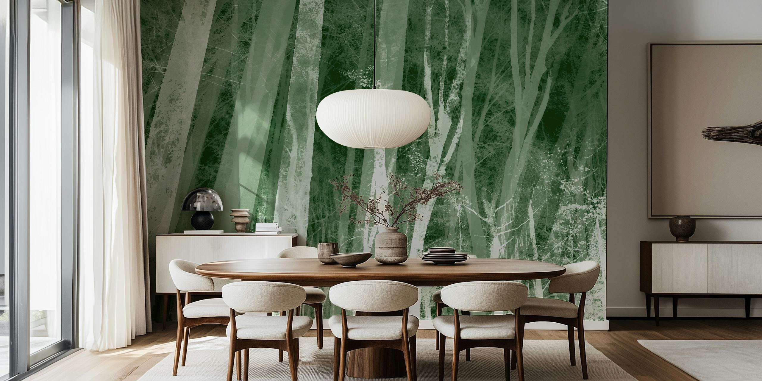 Soft dark green forest wallpaper in a room