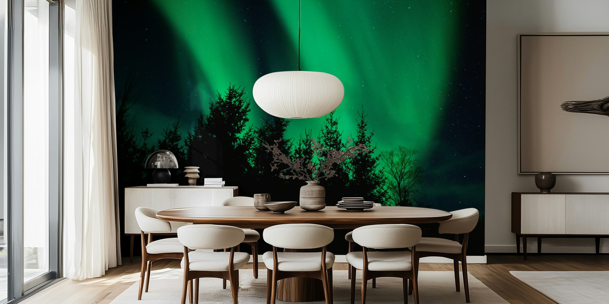 Fotomural vinílico de parede Aurora boreal da aurora boreal sobre uma silhueta de floresta
