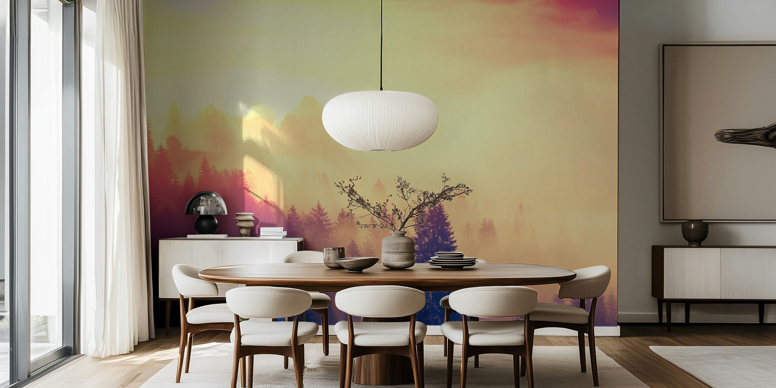 Foggy forest wallpaper featuring soft greens and purples, abstract landscape design