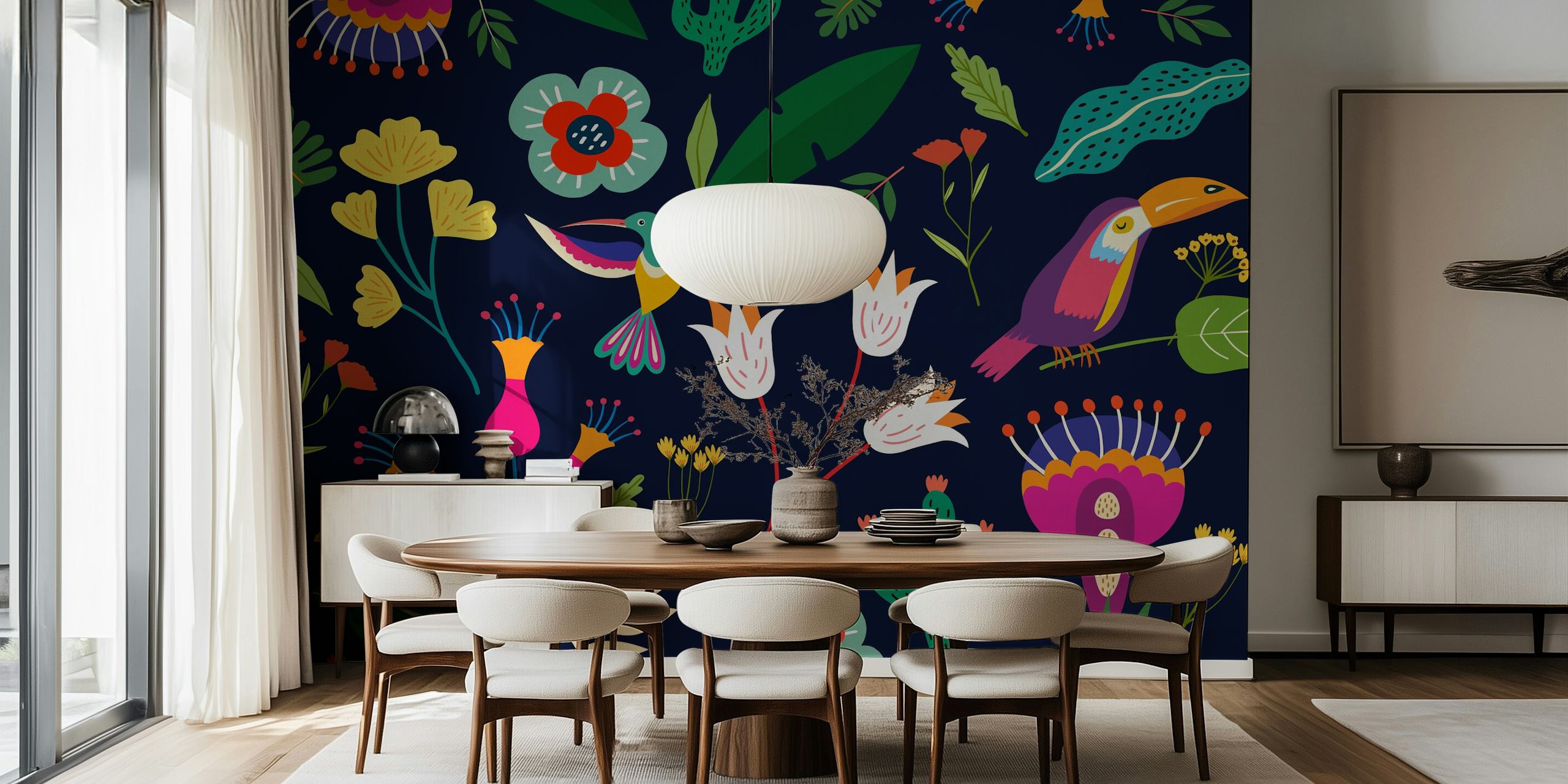 Colorful floral wallpaper with tropical birds and plants