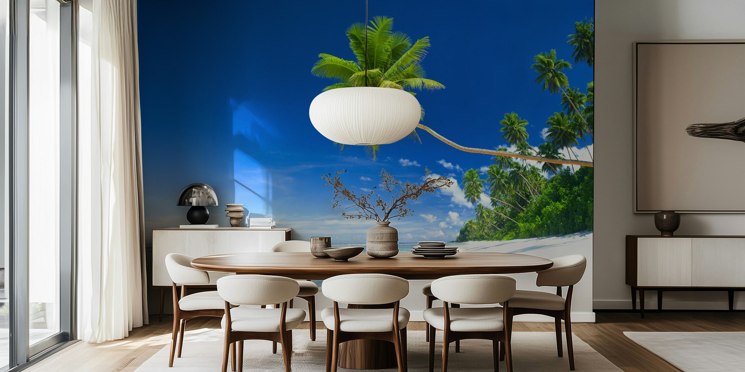 Tropical beach scene with blue sky and palm trees wallpaper
