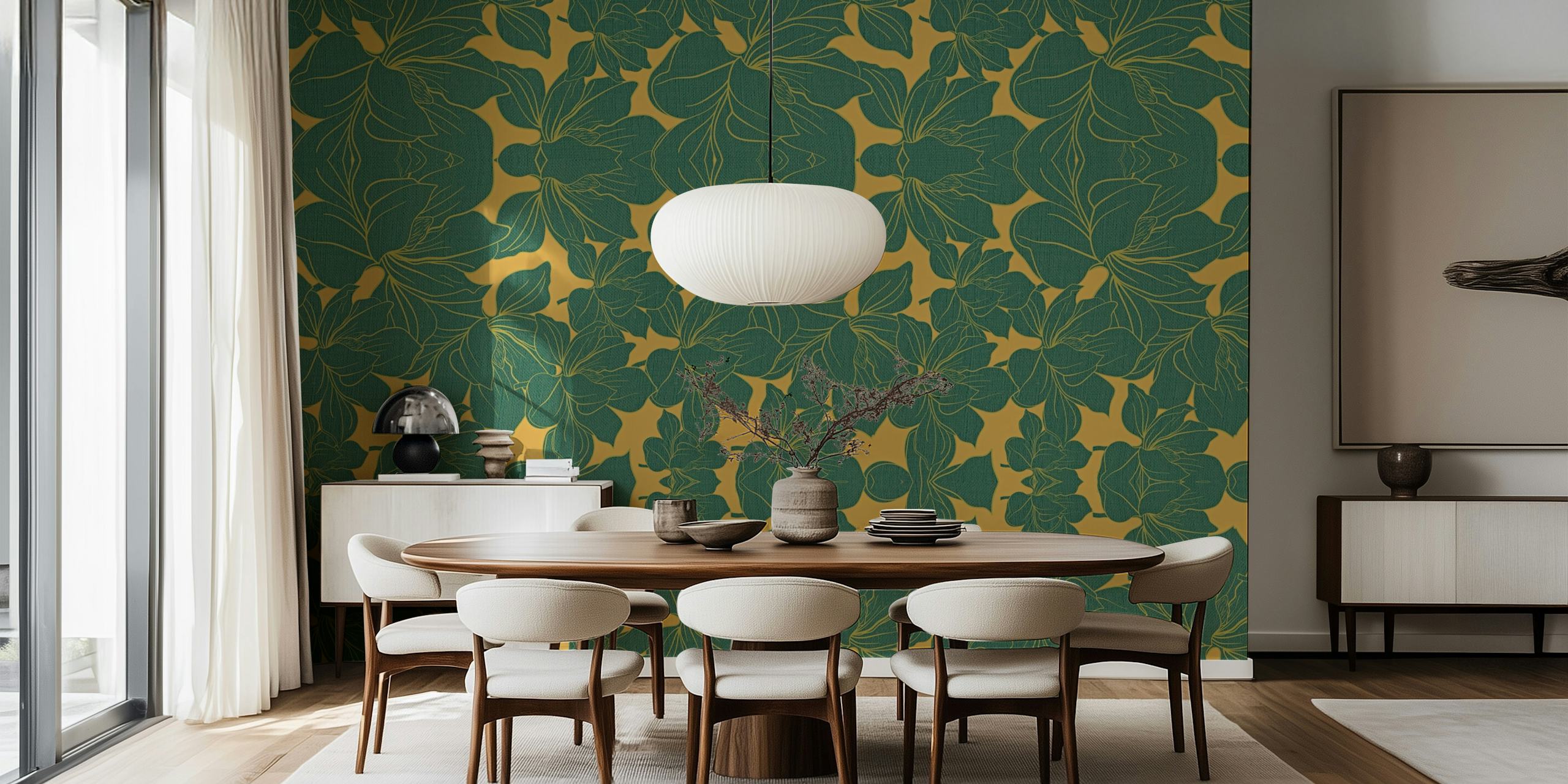 Green floral wallpaper with gold background