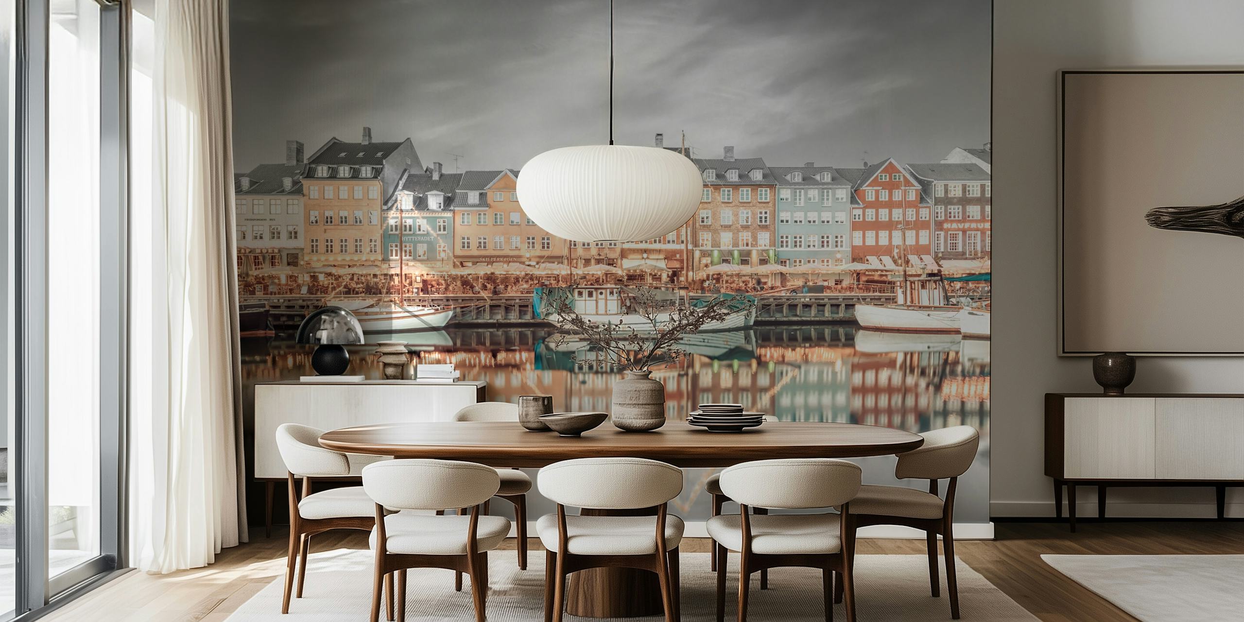 Copenhagen vintage waterfront view with colorful buildings and boats wallpaper