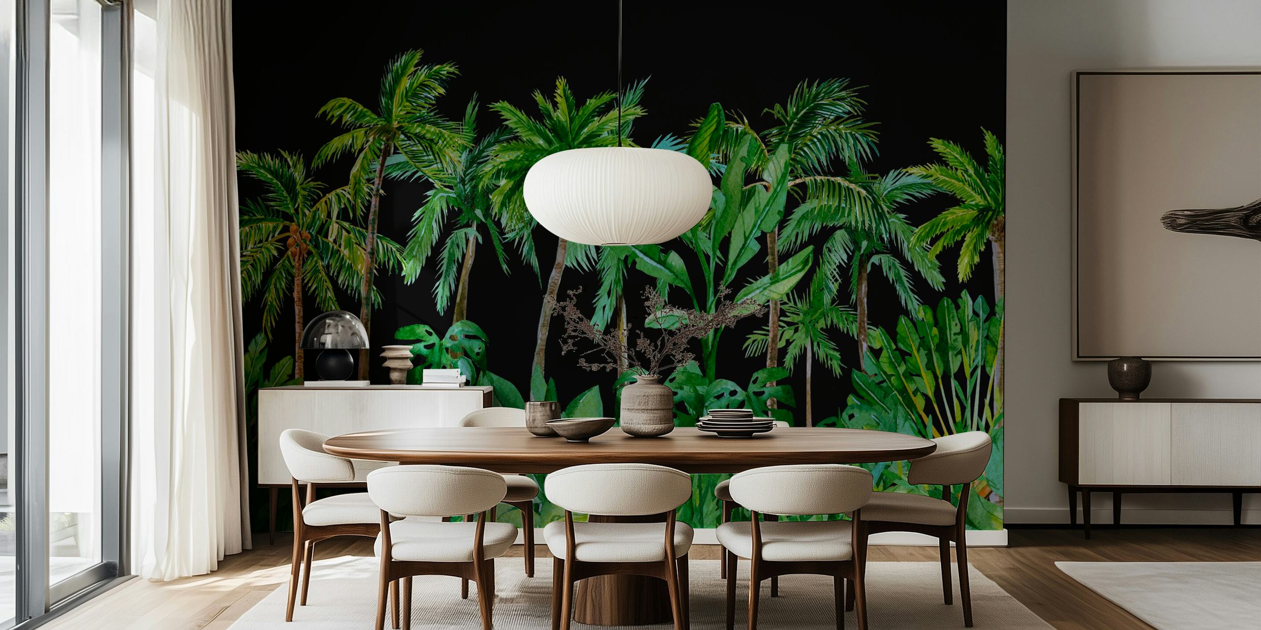 Tropical Palm Cove Black behang in een kamer