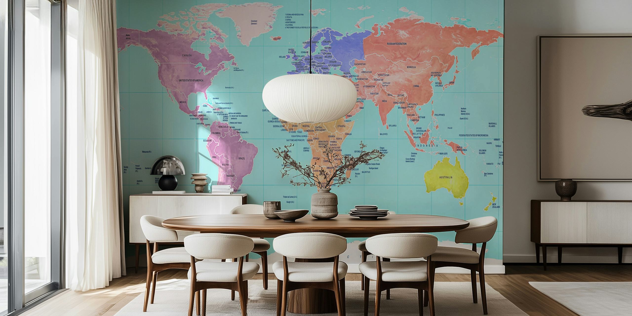 Colorful world map wallpaper with vibrant continents and oceans