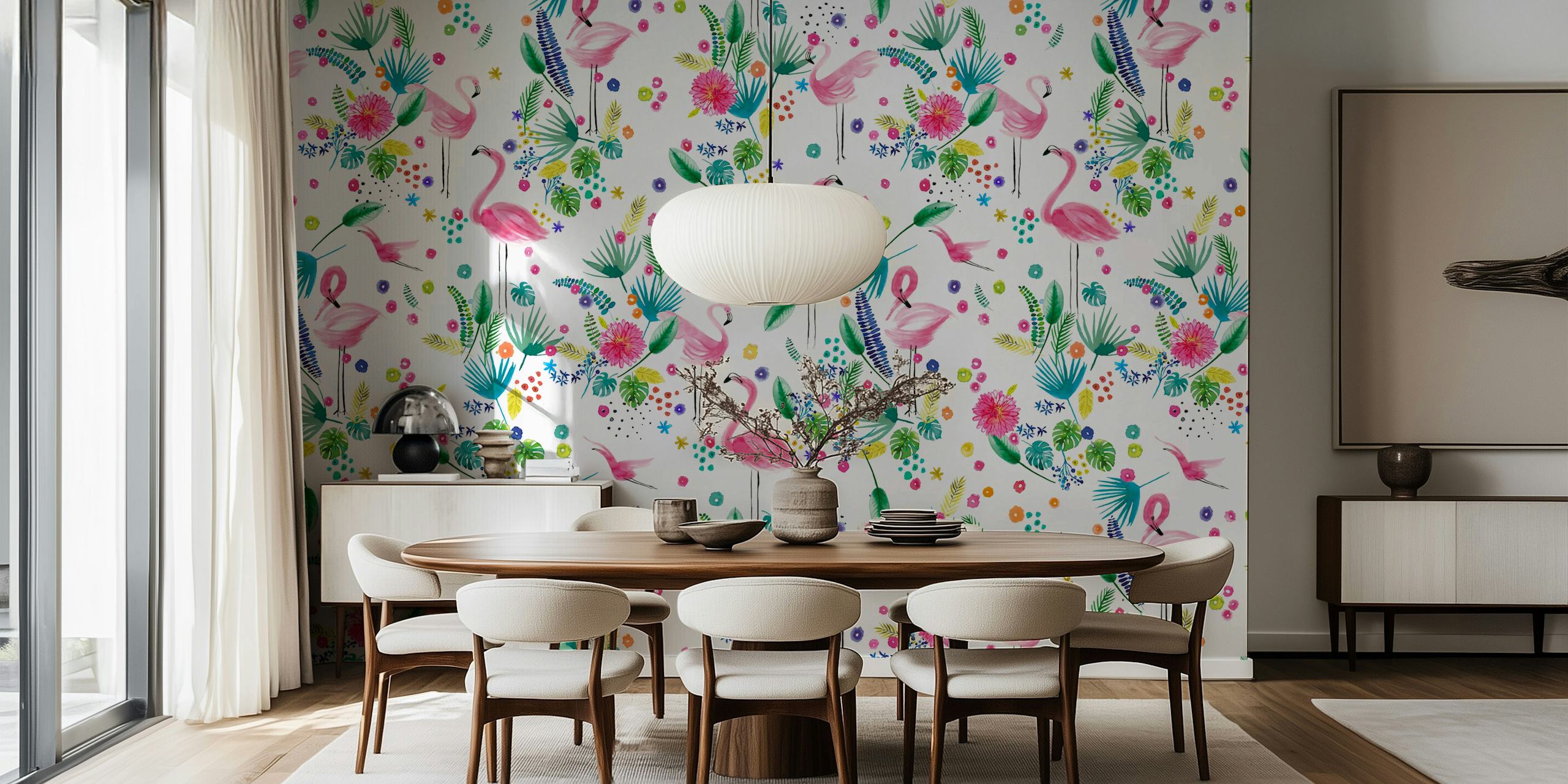 A colorful wall mural featuring pink flamingos with tropical foliage and flowers.