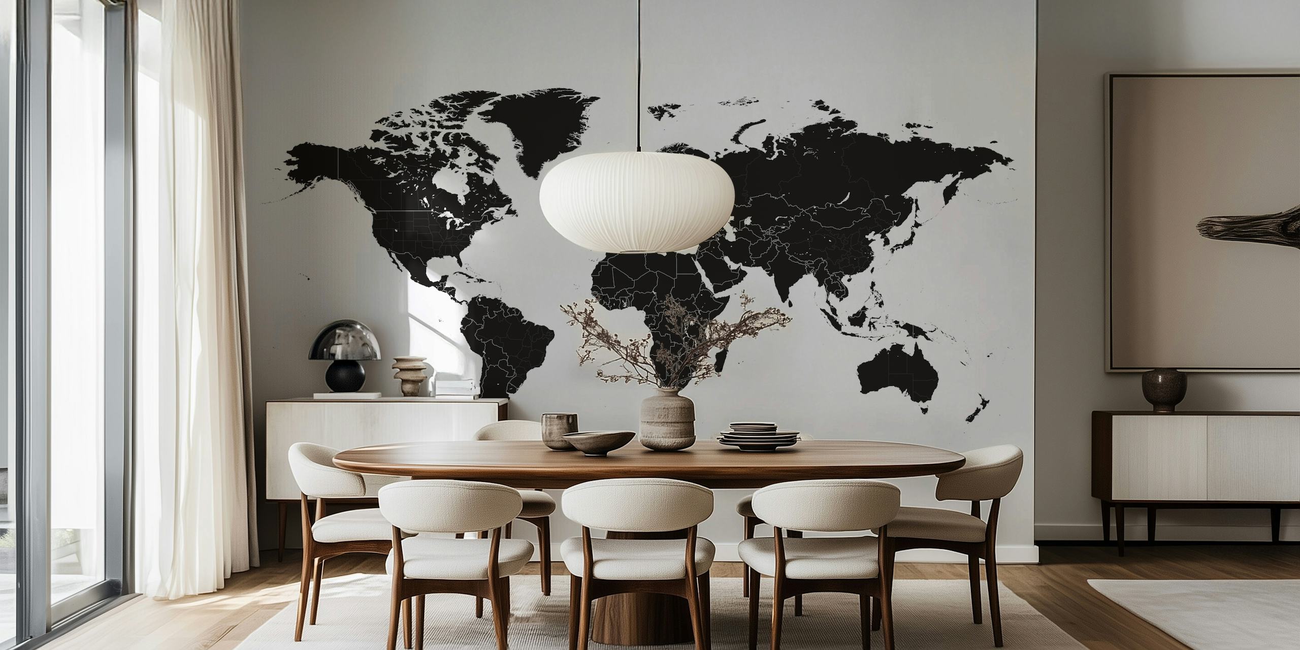 Black and white world map wall mural for modern interior decor