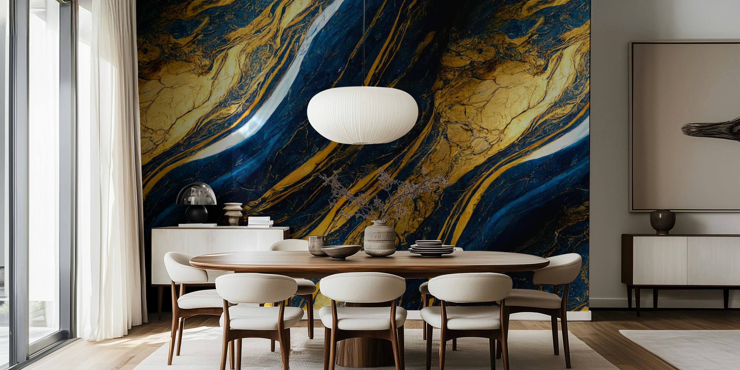 Abstract liquid blue and gold swirls wallpaper