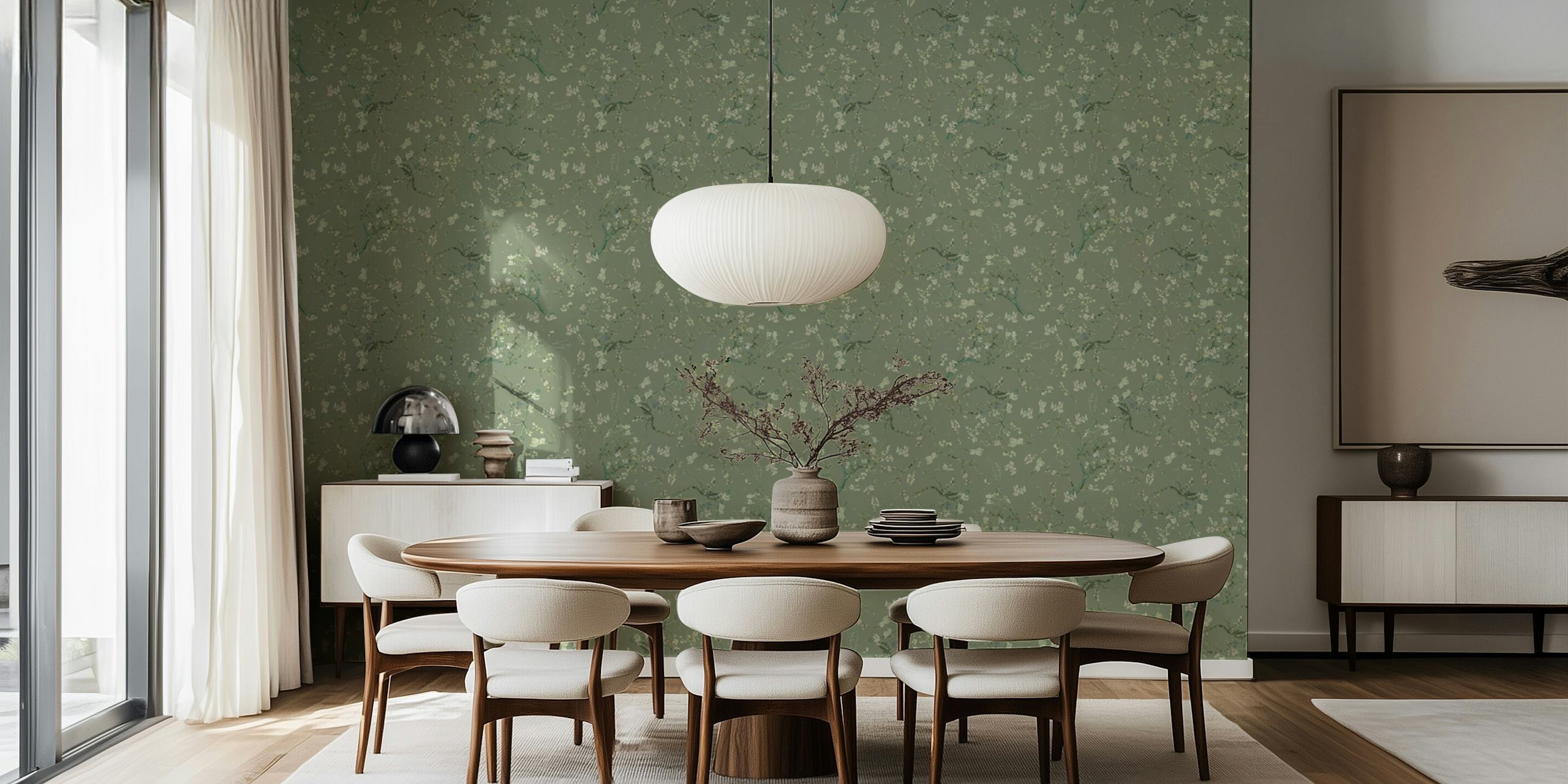 Van Gogh Almond Blossoms Sage wallpaper in a room