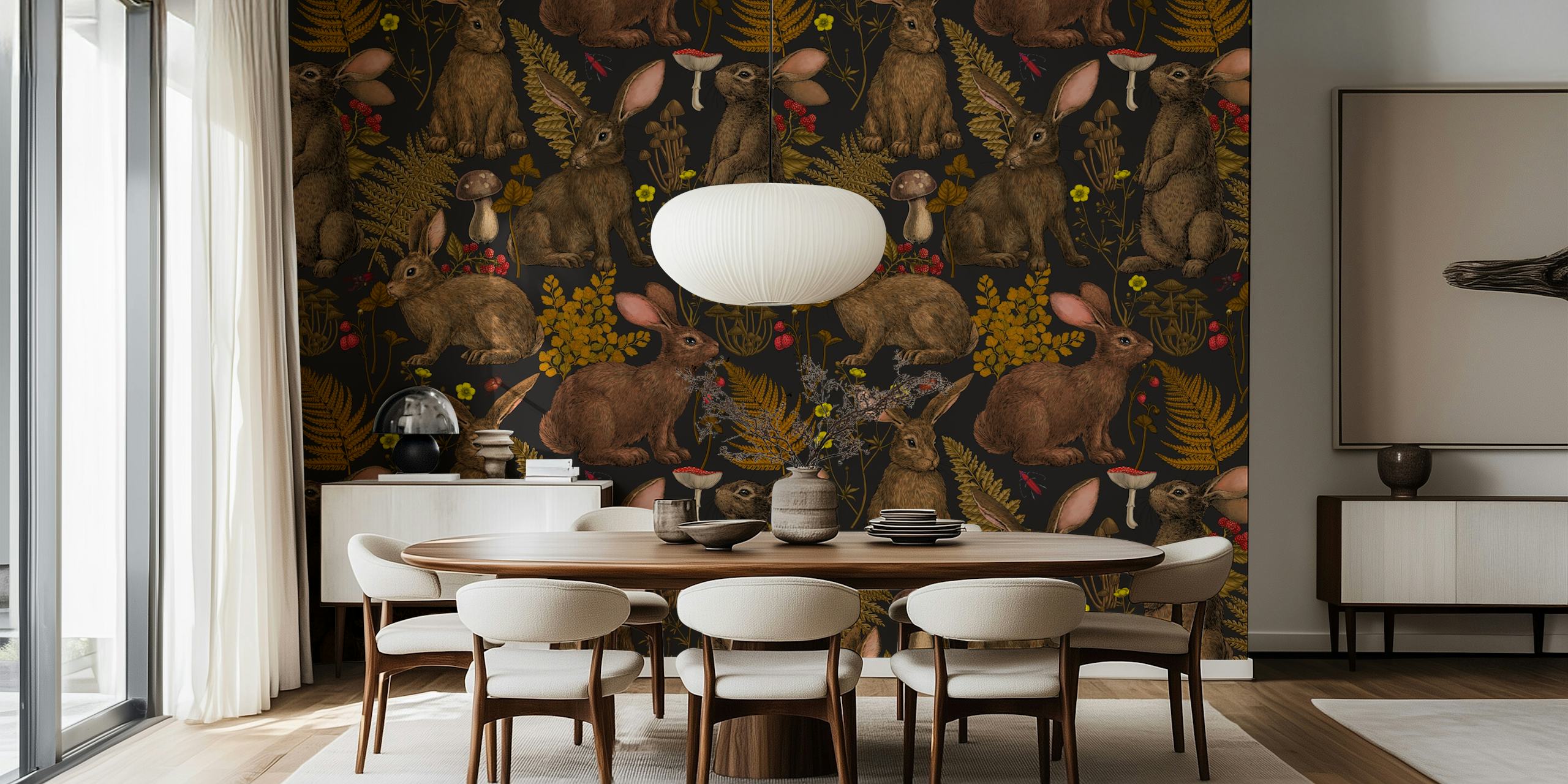 Whimsical rabbits hidden amongst lush woodland flora wall mural
