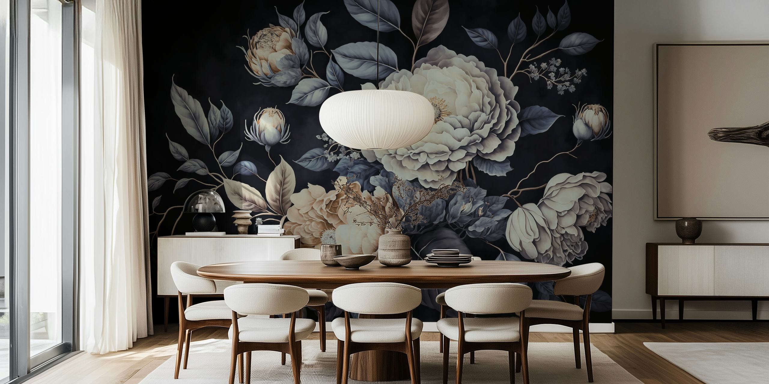 Large floral design with pale flowers and dark leaves wallpaper
