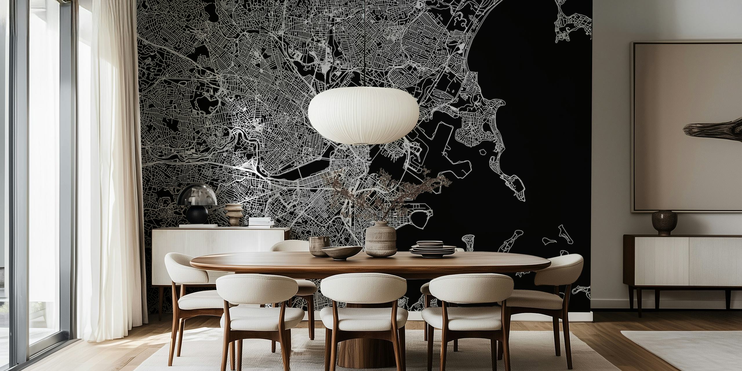 Black and white map of Boston featuring streets and waterfront, wallpaper
