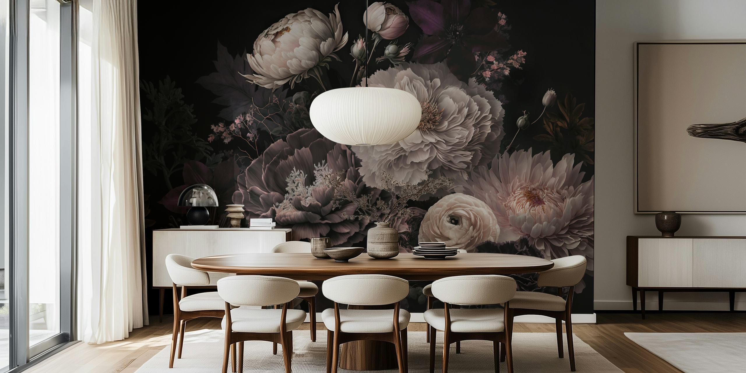 Dark moody floral wallpaper featuring peonies and blossoms in deep tones