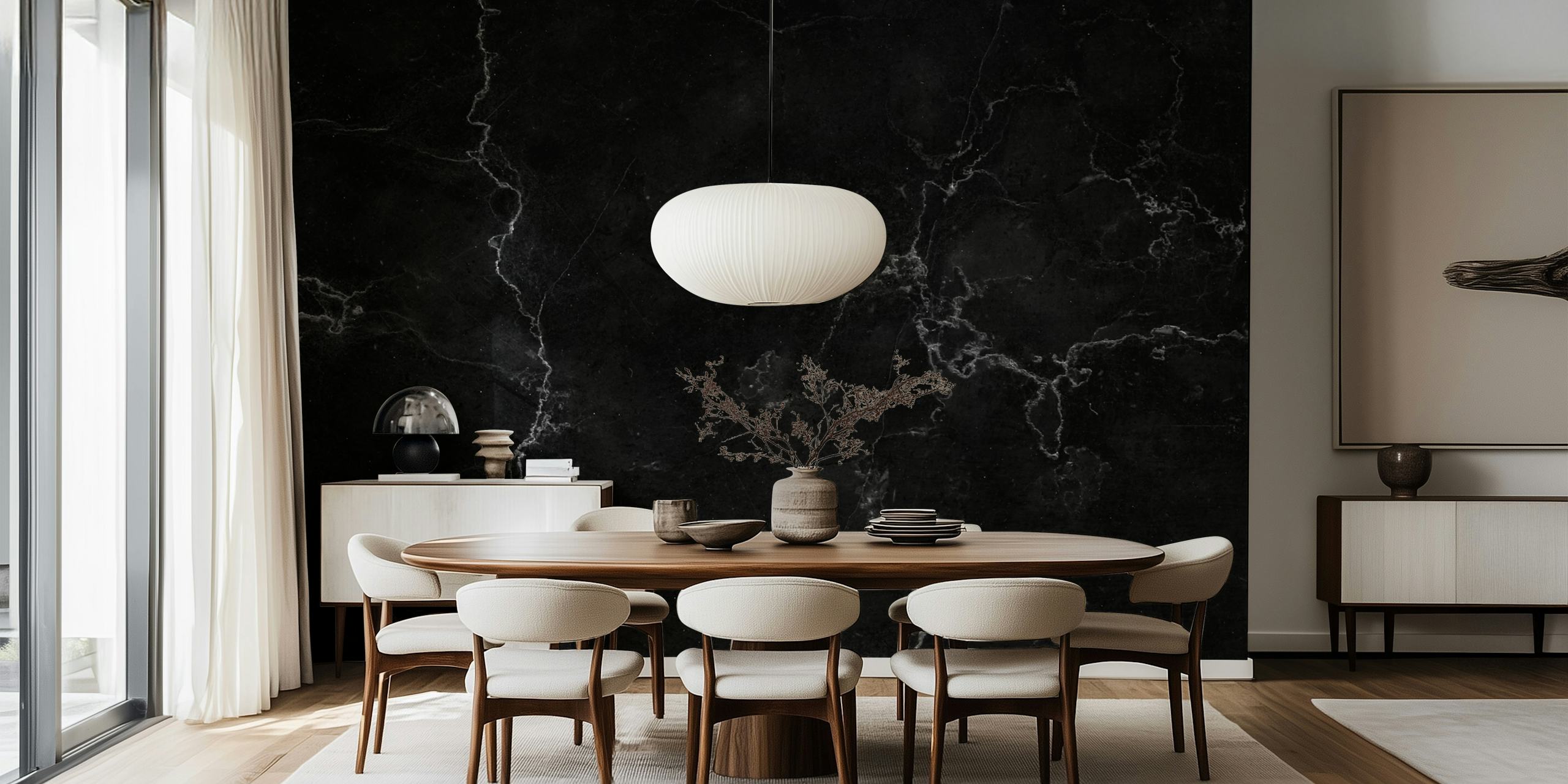 Black marble wallpaper with white vein patterns, modern style