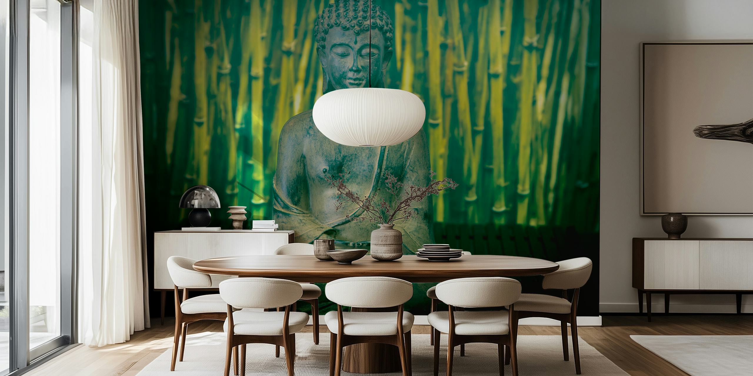 Buddha statue with green bamboo background wallpaper